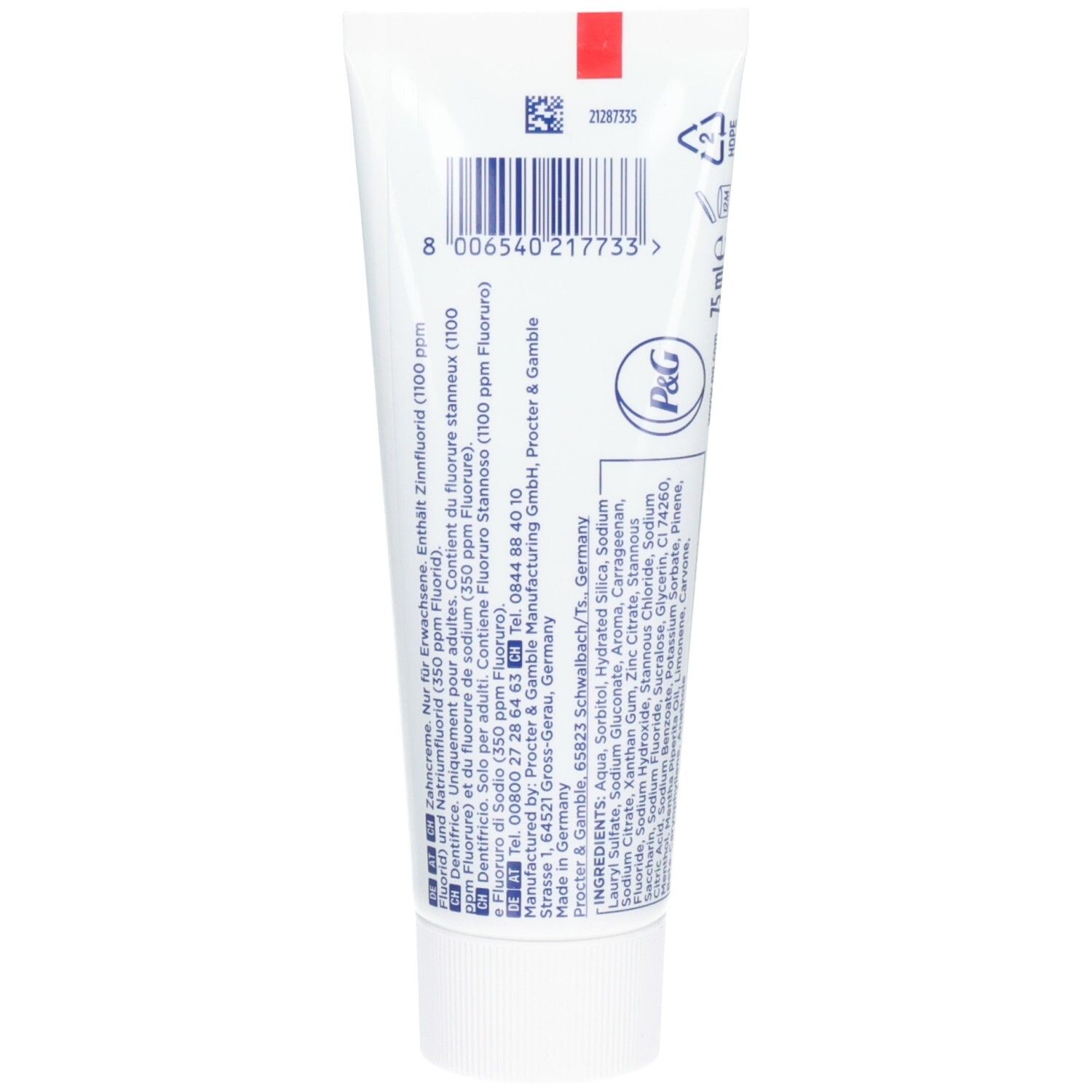 Dos du tube de dentifrice. Contient du fluorure d'étain et de fluorure de sodium. Ingrédients et informations du fabricant.