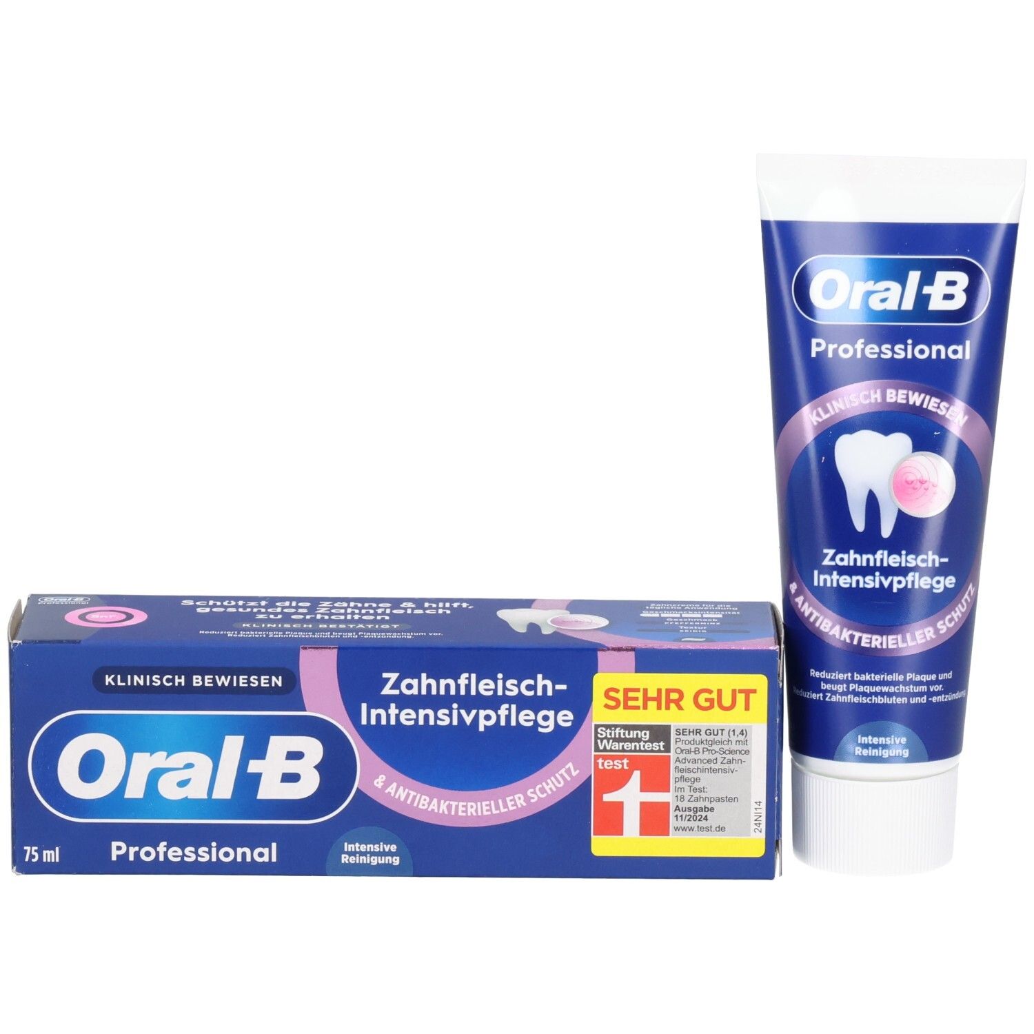 Tube et boîte de dentifrice. Oral-B Professional, Soin Intensif des Gencives. Cliniquement prouvé. Très bon test.