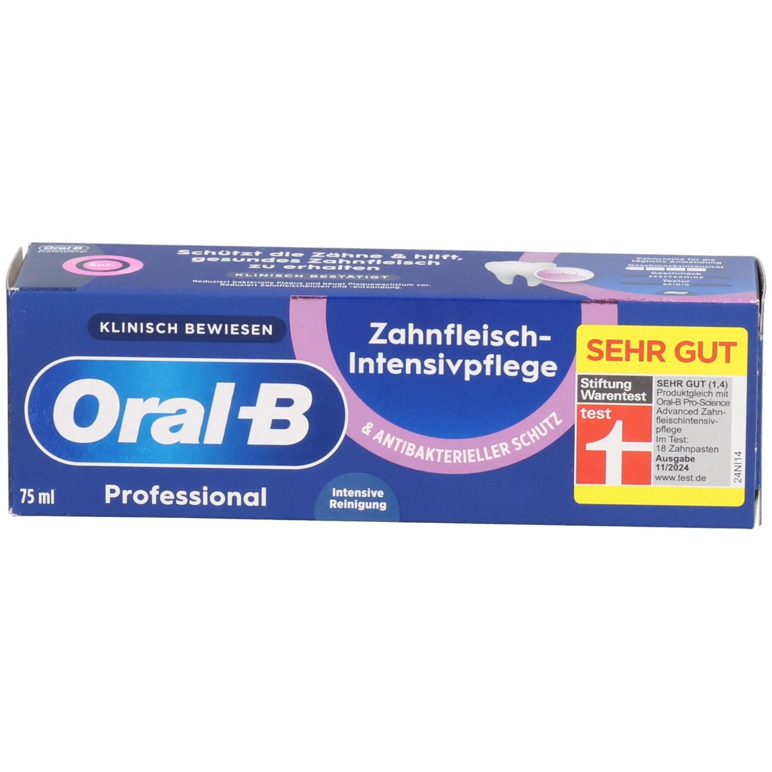 Boîte bleue. Oral-B Professional, Soin Intensif des Gencives. Cliniquement prouvé. Très bon test. 75 ml.