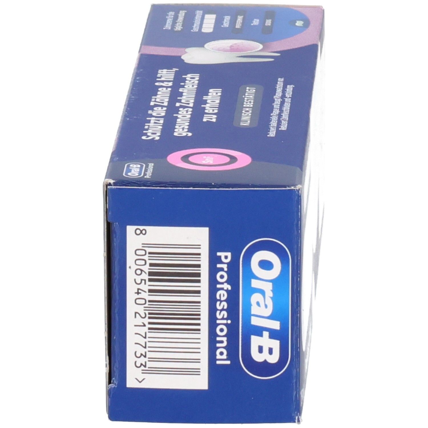 Boîte, bleue. Oral-B Professional. Soin Intensif des Gencives. Code-barres et informations fabricant sur le côté.