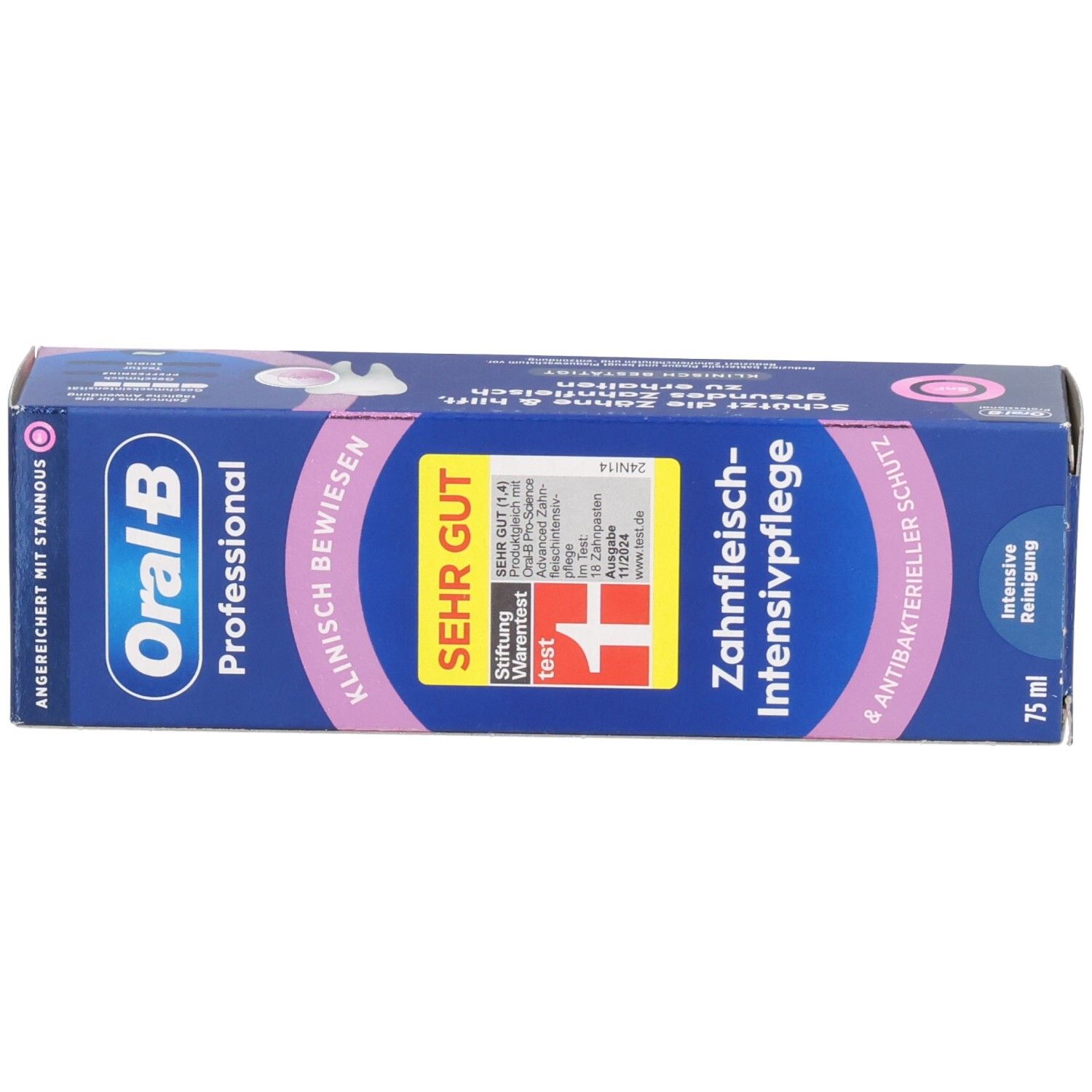 Boîte, bleue. Oral-B Professional, Soin Intensif des Gencives. Cliniquement prouvé. Très bon test. 75 ml.