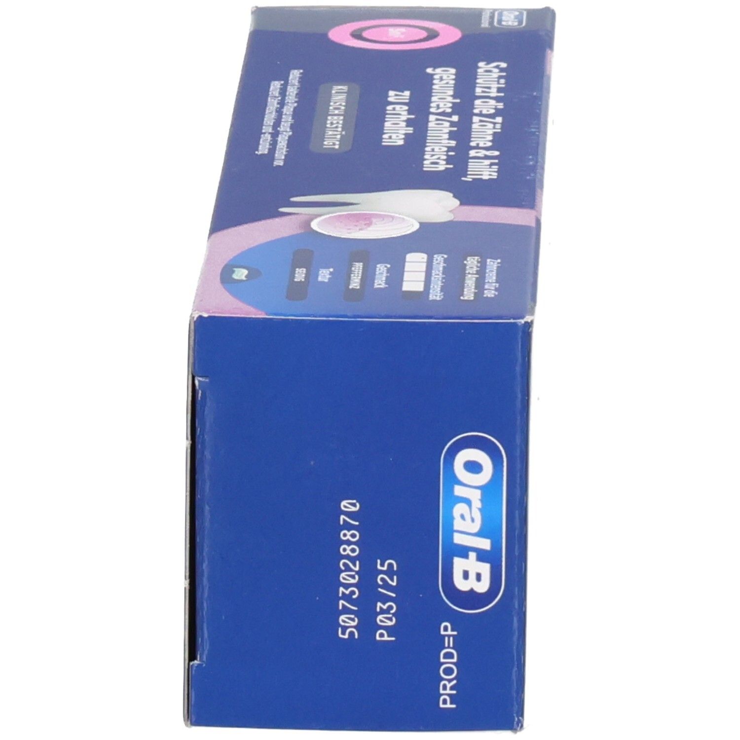 Boîte, bleue. Oral-B Professional. Soin Intensif des Gencives. Informations fabricant et numéro de lot.