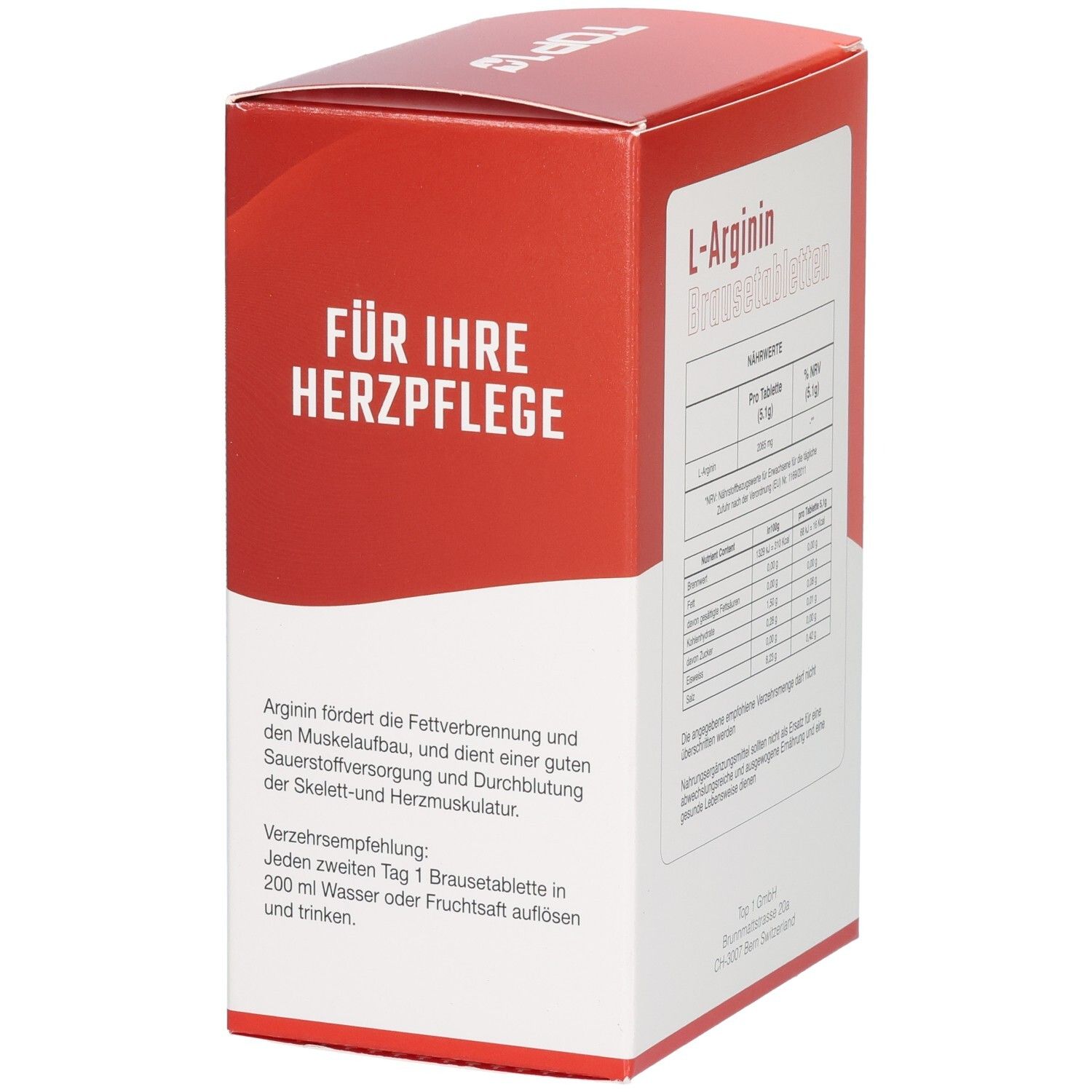 Seite der Verpackung mit Text: Für Ihre Herzpflege. Nährwertangaben. Adresse des Herstellers.