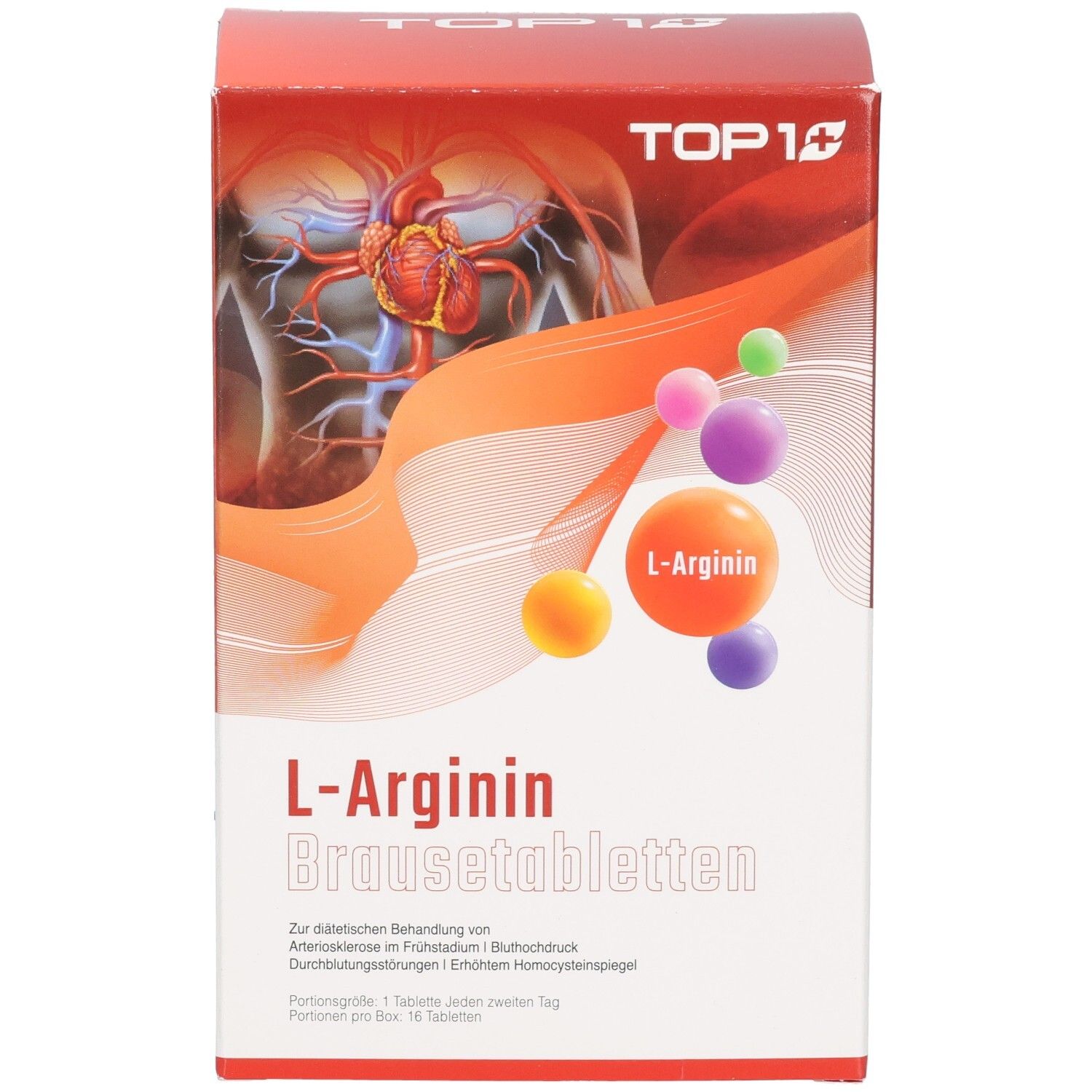 Verpackung mit L-Arginin Brausetabletten. Rote und weiße Box mit Produktnamen und Logo. Abbildung eines Herzens.