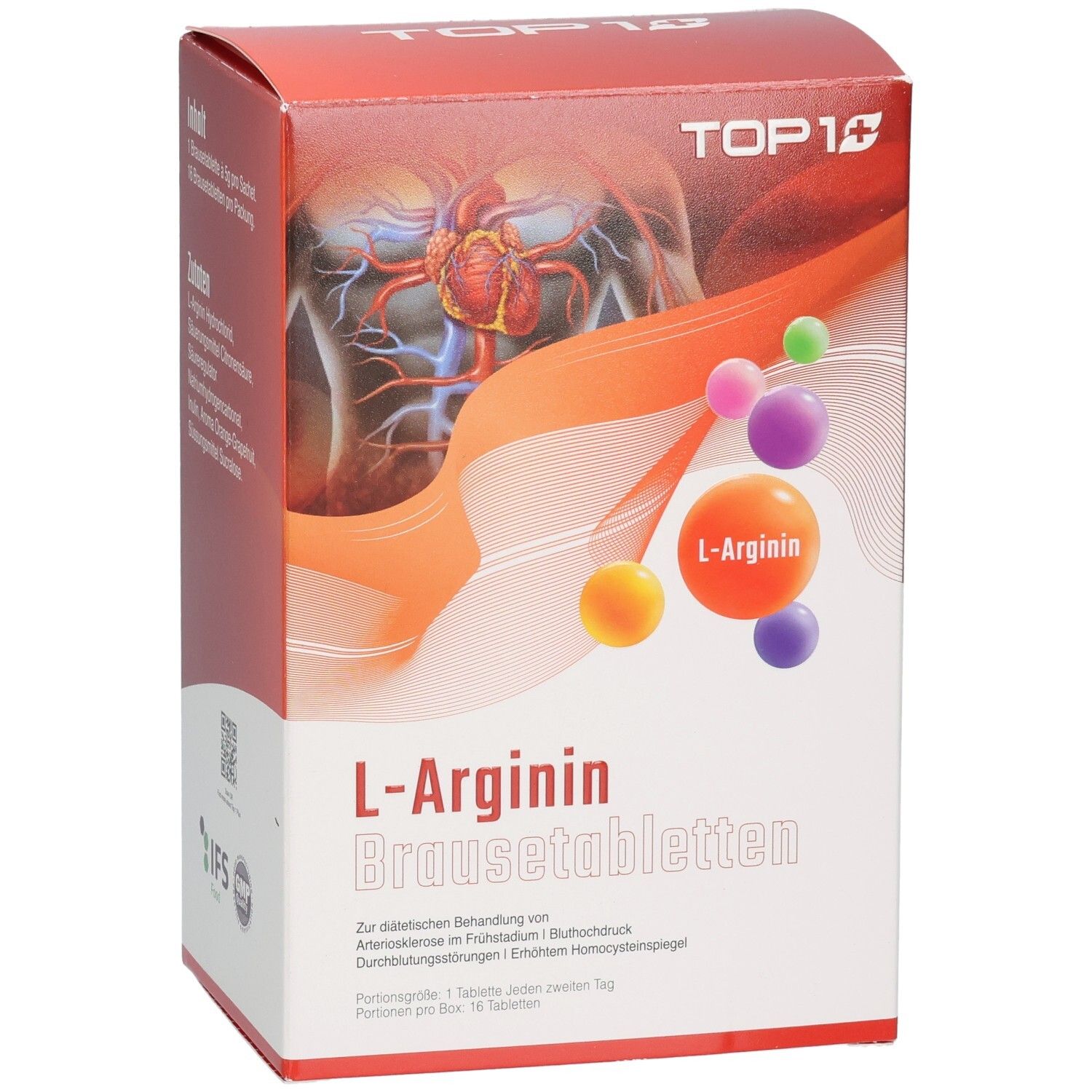 Verpackung mit L-Arginin Brausetabletten. Rote und weiße Box mit Produktnamen und Logo. Abbildung eines Herzens.