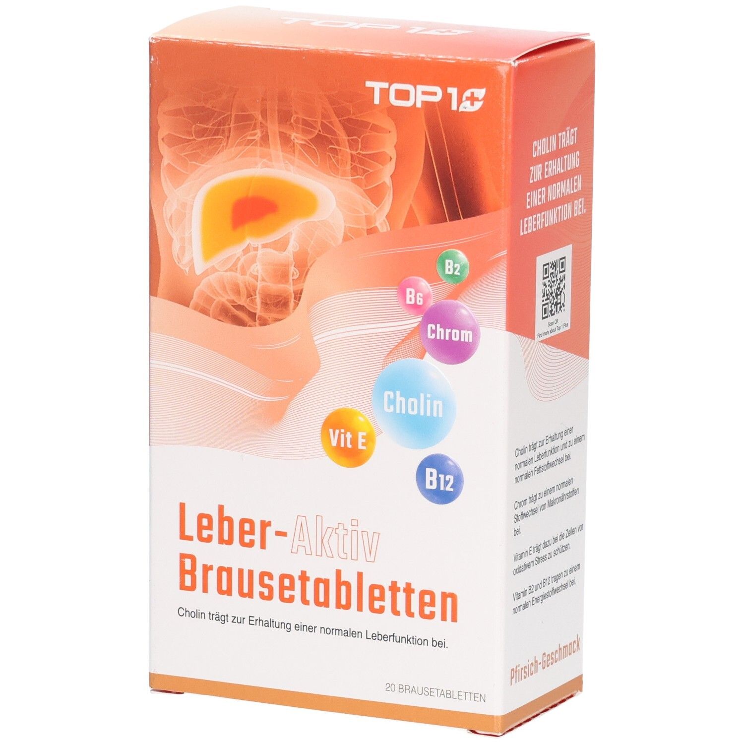 Brausetabletten-Packung. TOP 1 Logo. Leber-Aktiv Brausetabletten. Enthält Cholin, B2, B6, Chrom, Vitamin E, B12. 20 Brausetabletten.