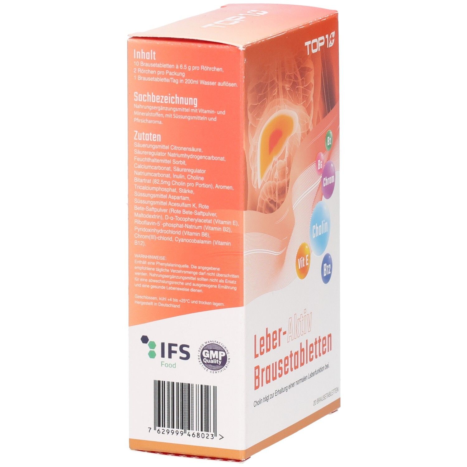Packung Leber-Aktiv Brausetabletten. Seitenansicht. Enthält Inhaltsstoffe, Nährwerte, IFS Food, GMP Quality Siegel, Barcode.