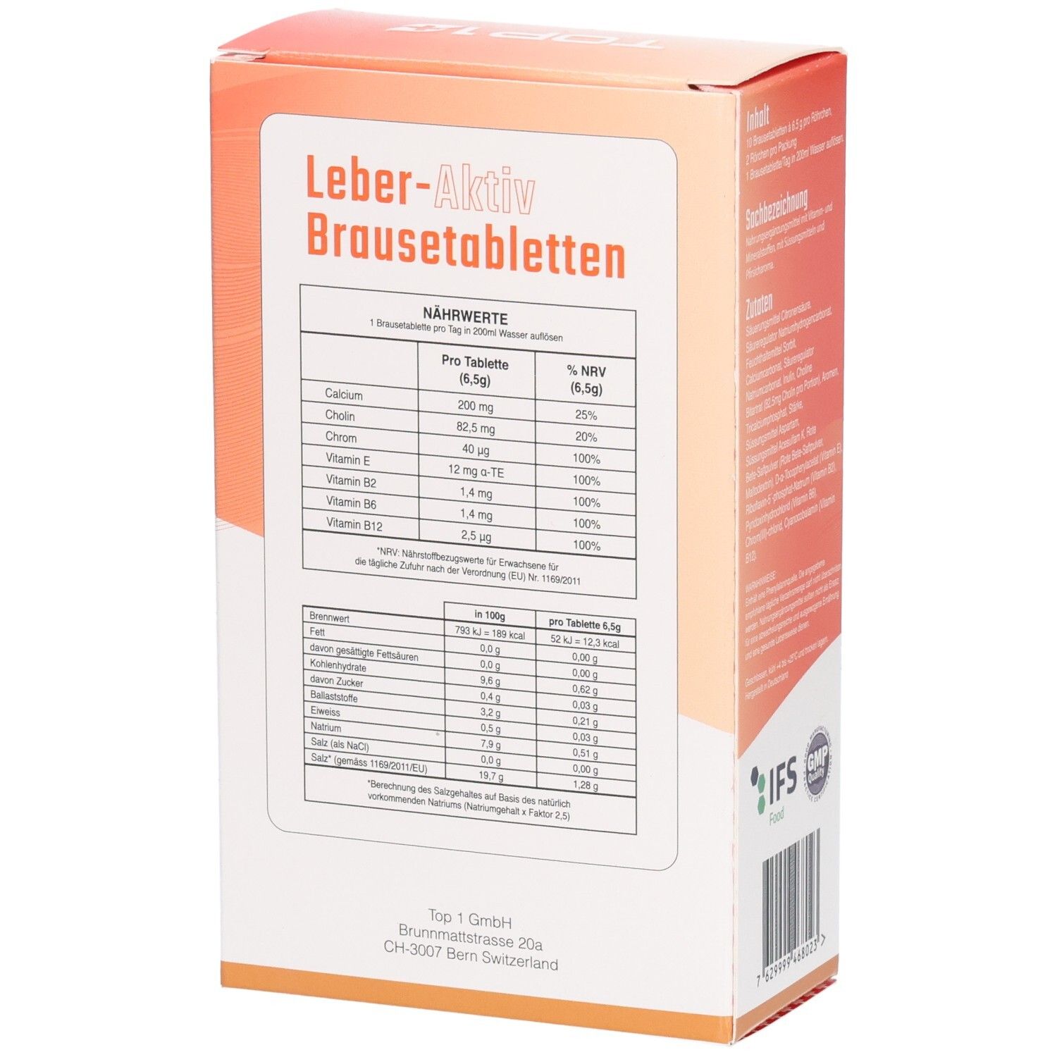 Rückseite der Packung Leber-Aktiv Brausetabletten. Nährwerttabelle. Enthält Calcium, Cholin, Vitamin E, B12, B6. IFS Food Siegel.