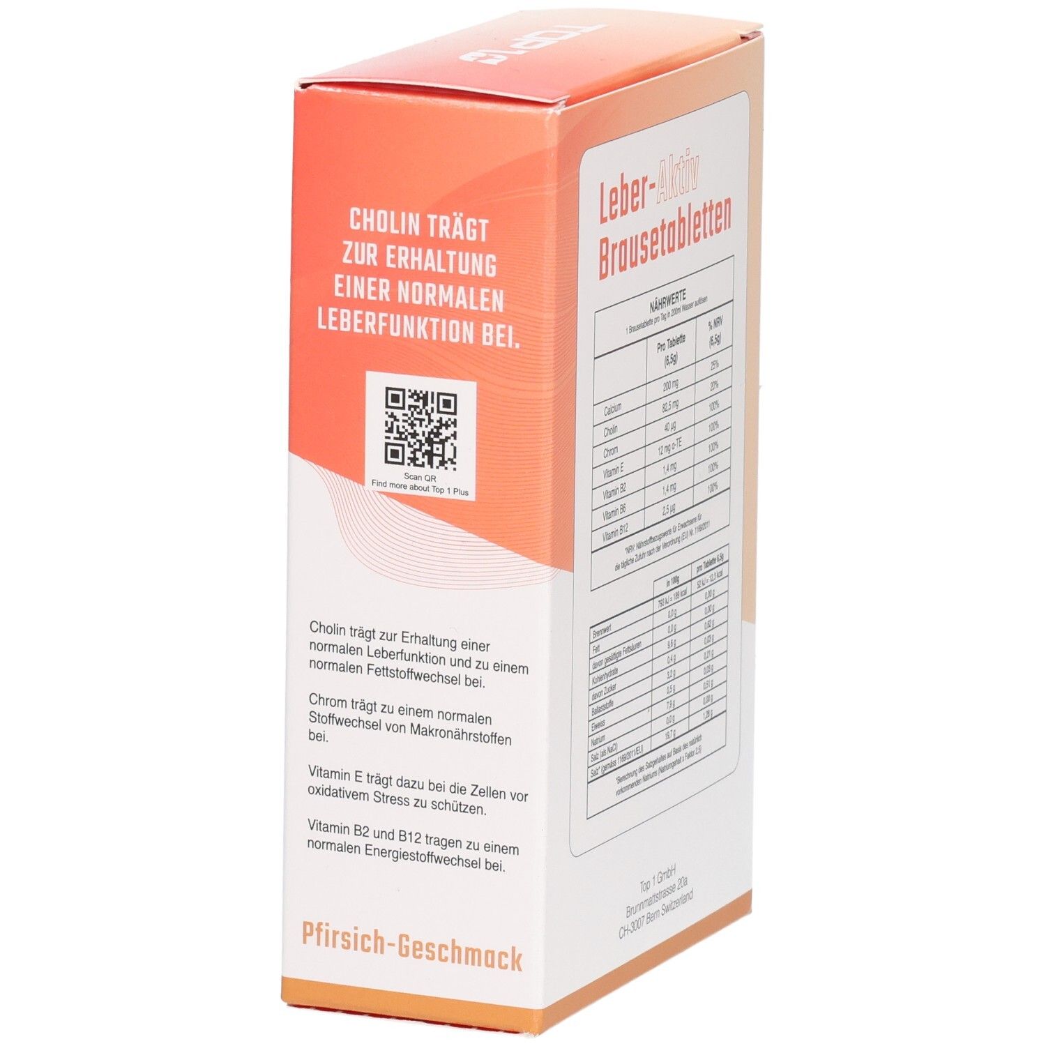 Packung Leber-Aktiv Brausetabletten. Enthält Nährwerttabelle. Text: Cholin trägt zur Erhaltung einer normalen Leberfunktion bei. Pfirsich-Geschmack.