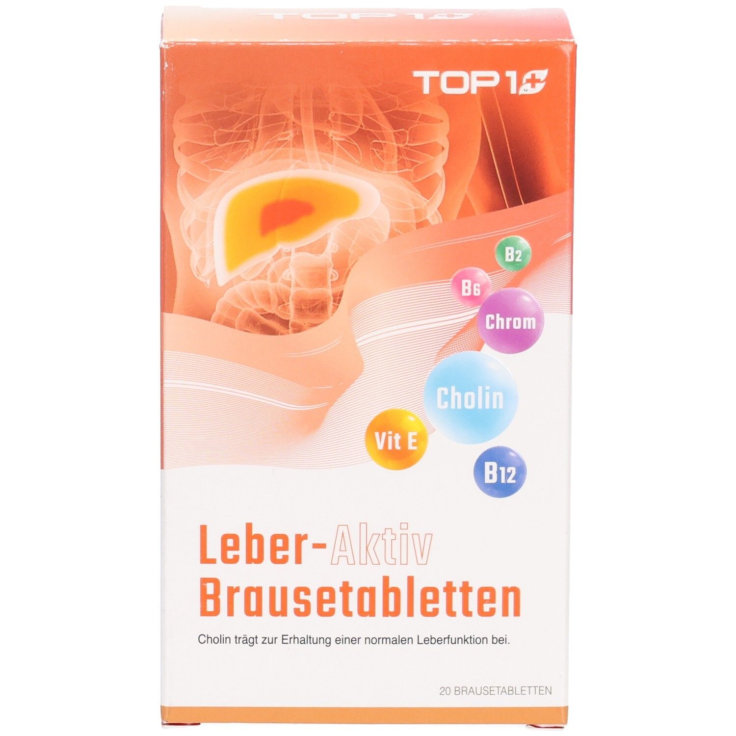 Vorderseite der Packung Leber-Aktiv Brausetabletten. TOP 1 Logo. Enthält Cholin, B2, B6, Chrom, Vitamin E, B12. 20 Brausetabletten.