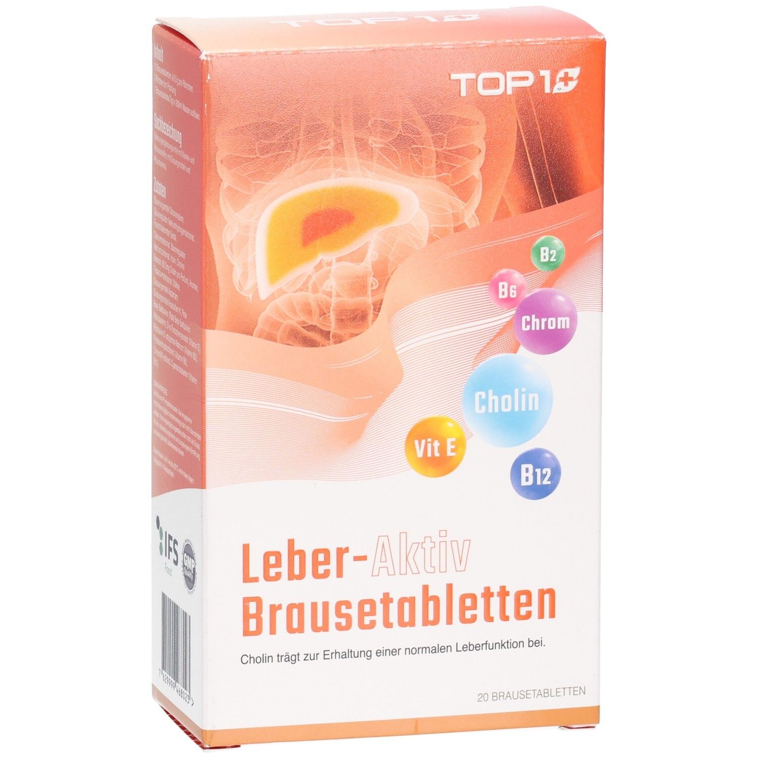 Vorderseite der Packung Leber-Aktiv Brausetabletten. TOP 1 Logo. Enthält Cholin, B2, B6, Chrom, Vitamin E, B12. 20 Brausetabletten.
