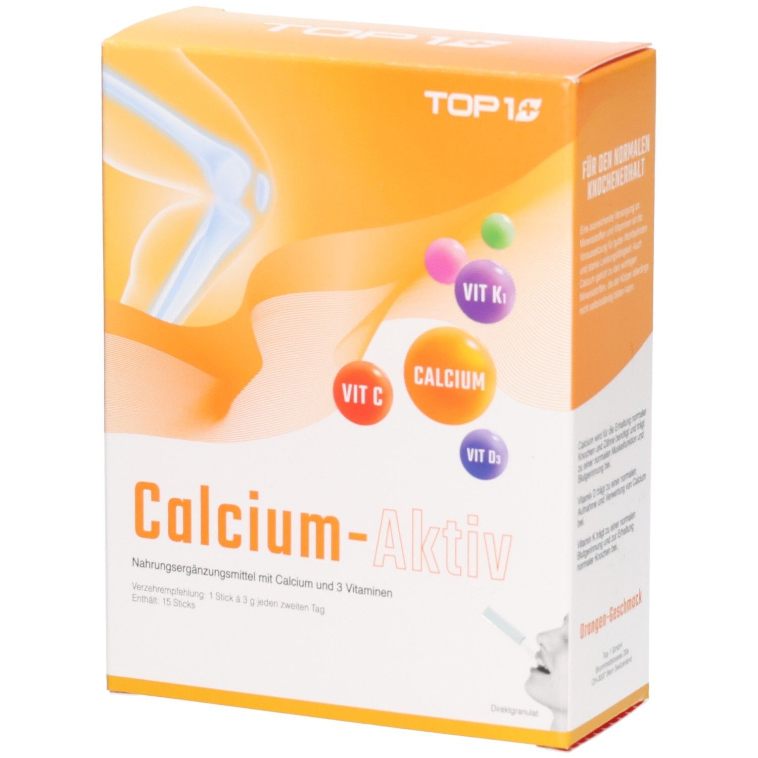 Verpackung von Calcium-Aktiv Sticks mit Vitaminen C, D3 und K.