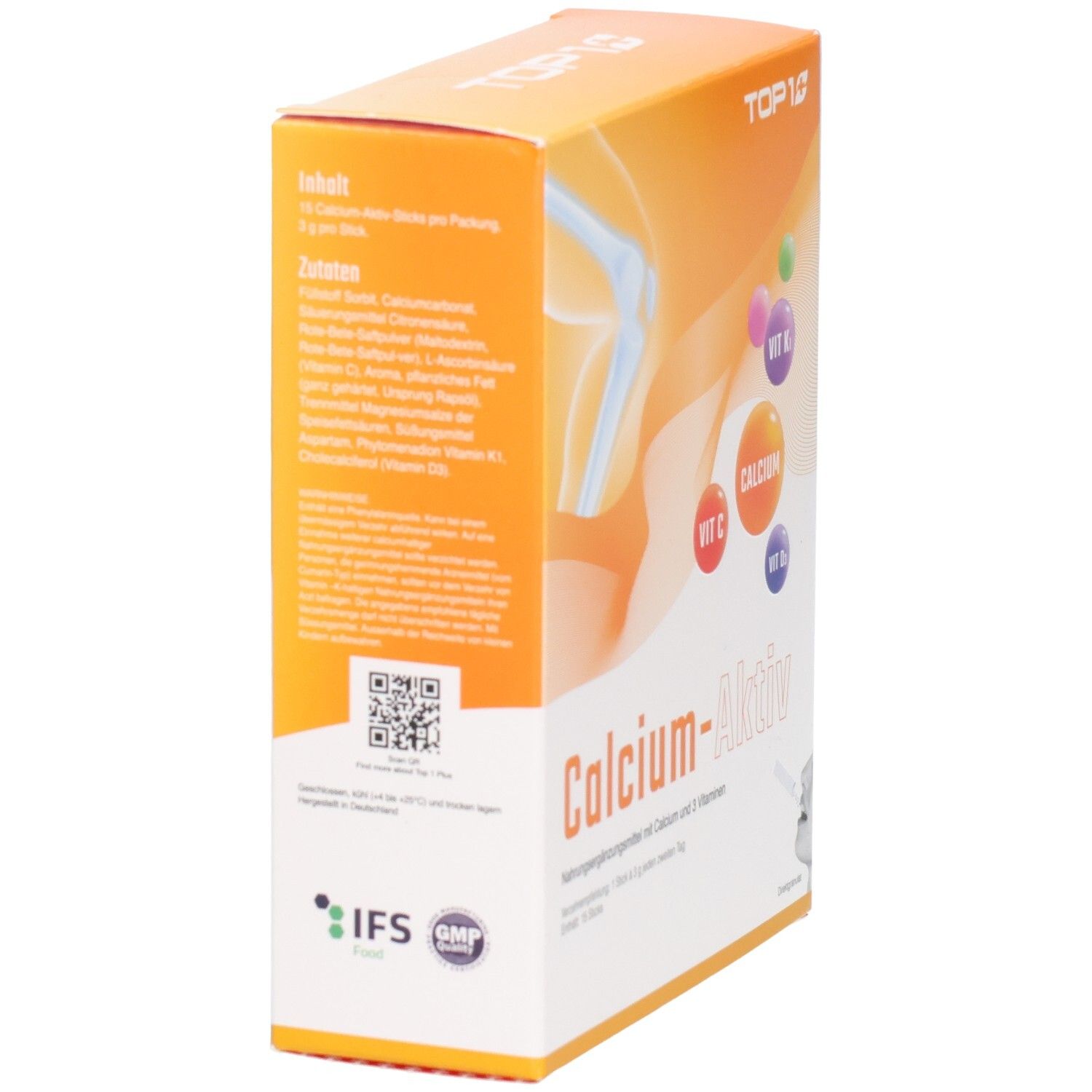 Rückseite der Calcium-Aktiv Sticks Verpackung mit Zutatenliste und QR-Code.