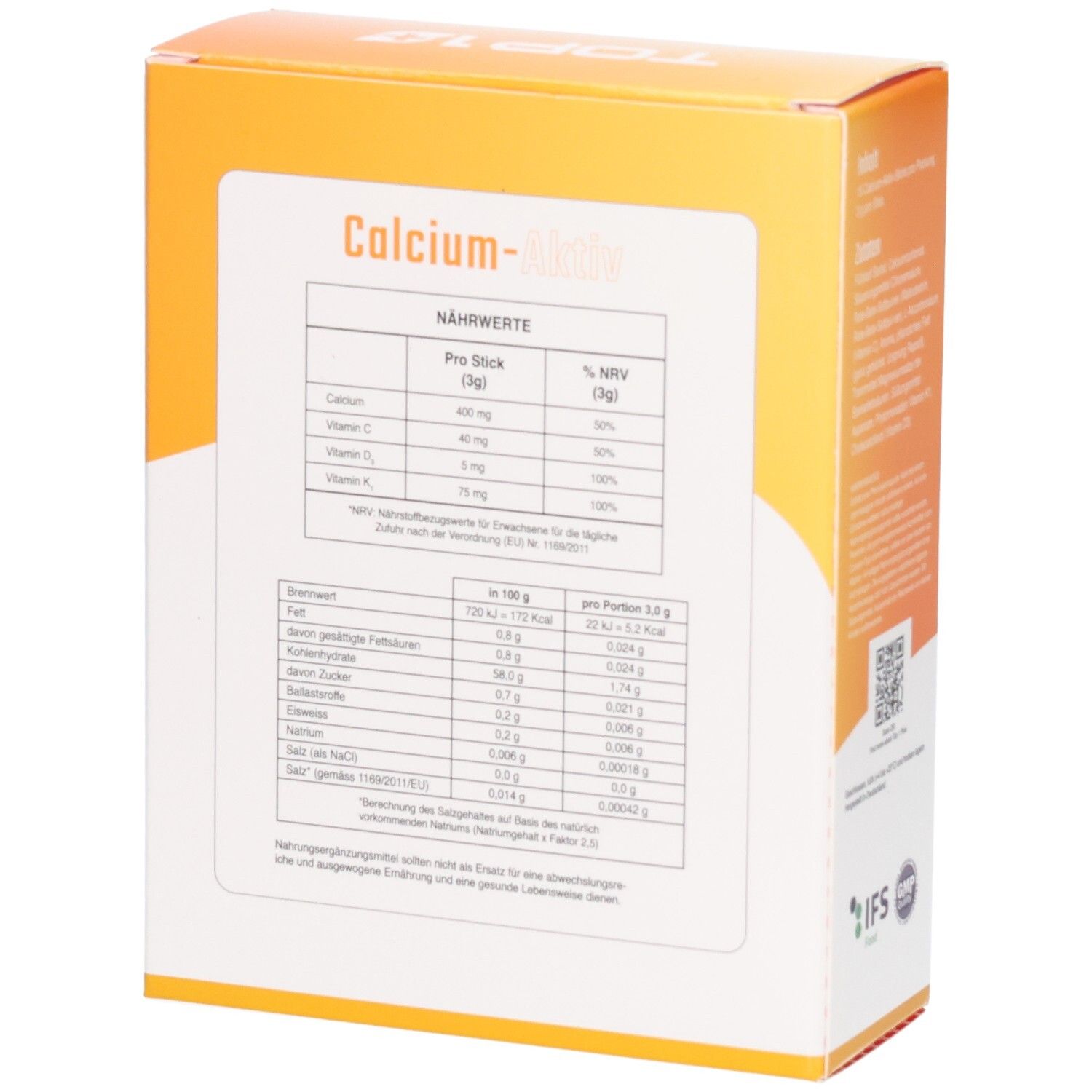 Seite der Calcium-Aktiv Sticks Verpackung mit Nährwertangaben pro Stick.