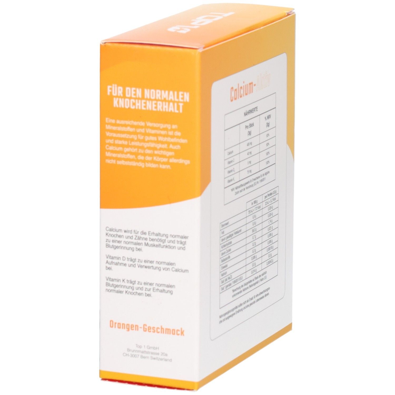 Seite der Calcium-Aktiv Sticks Verpackung mit Hinweisen zur Knochengesundheit.