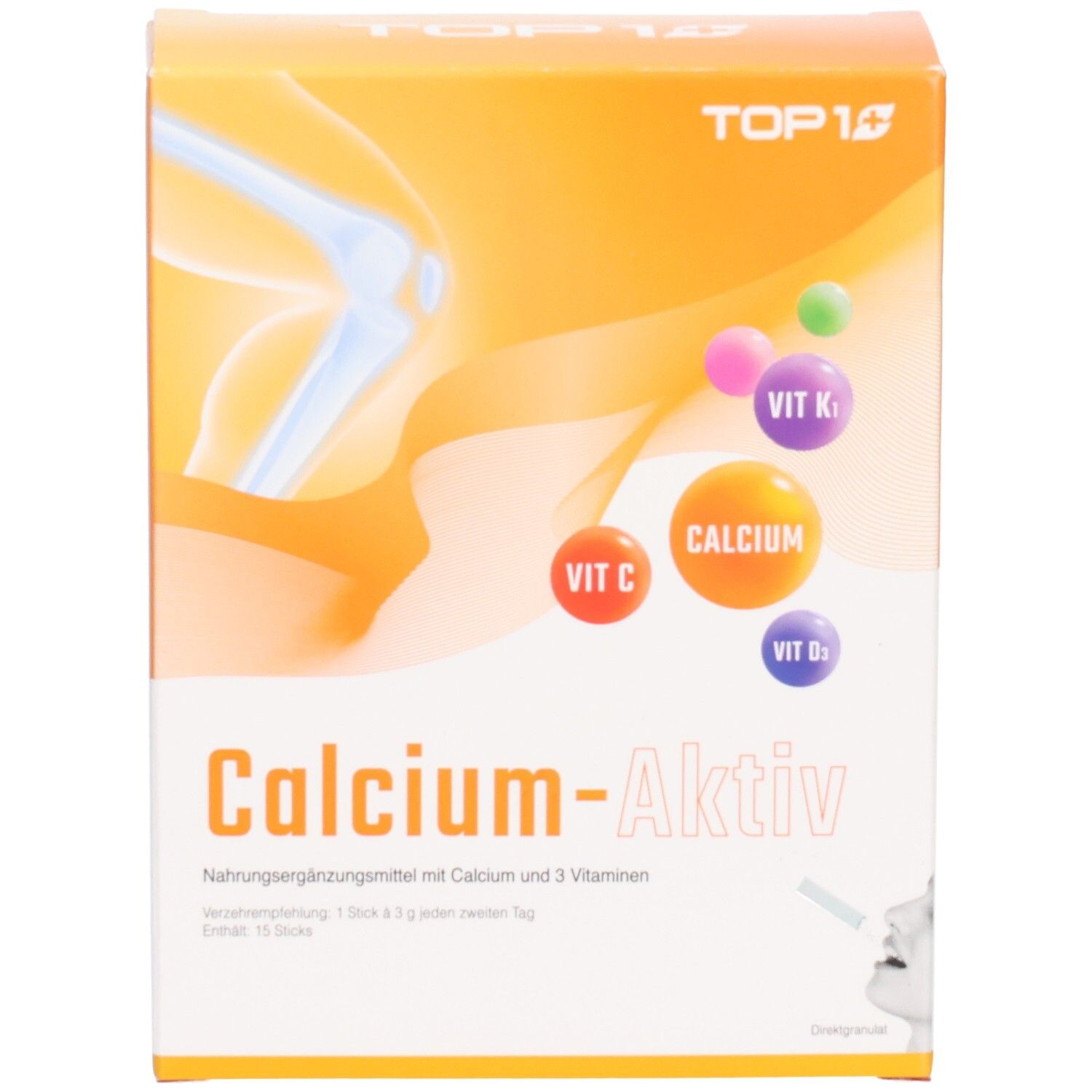 Vorderseite der Calcium-Aktiv Sticks Verpackung mit Darstellung eines Knochens.