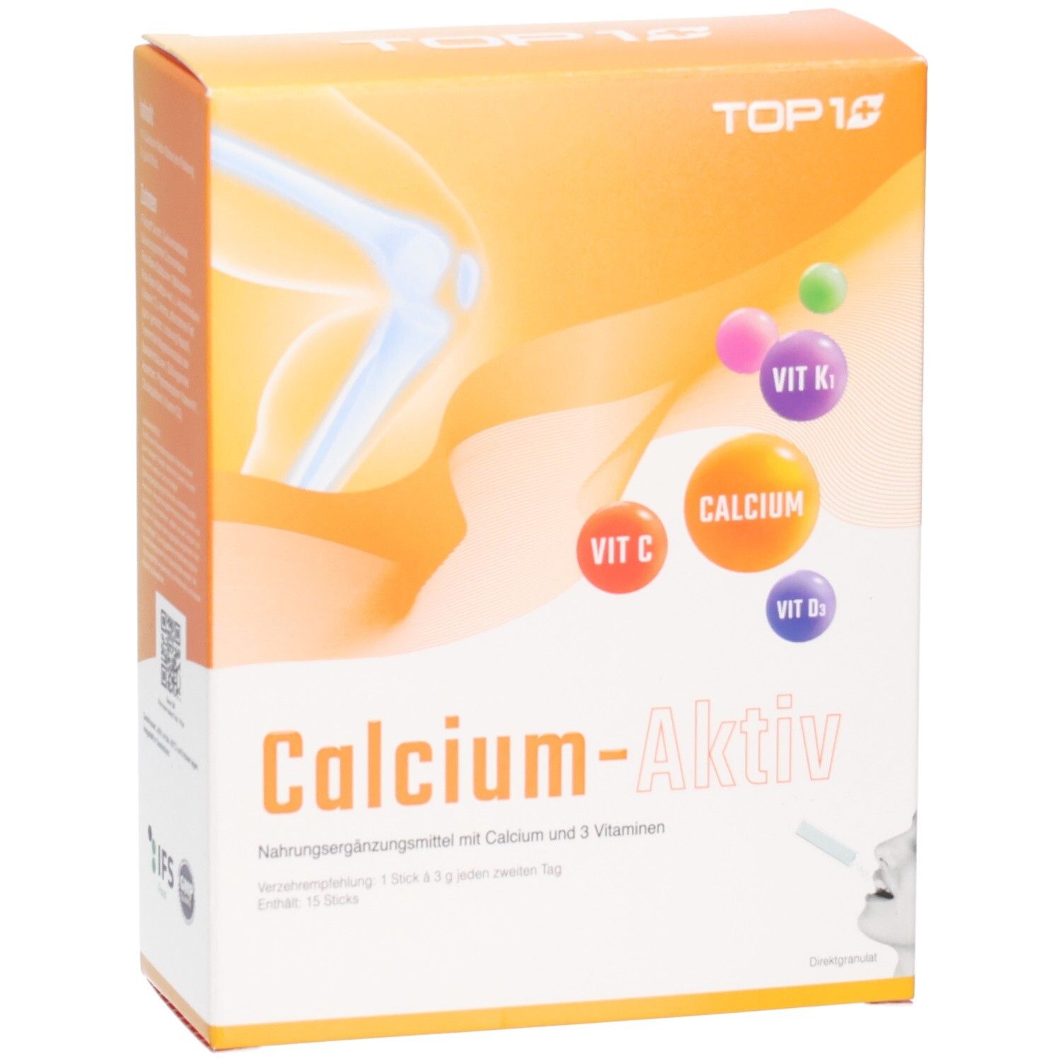 Vorderseite der Calcium-Aktiv Sticks Verpackung mit Darstellung eines Knochens.