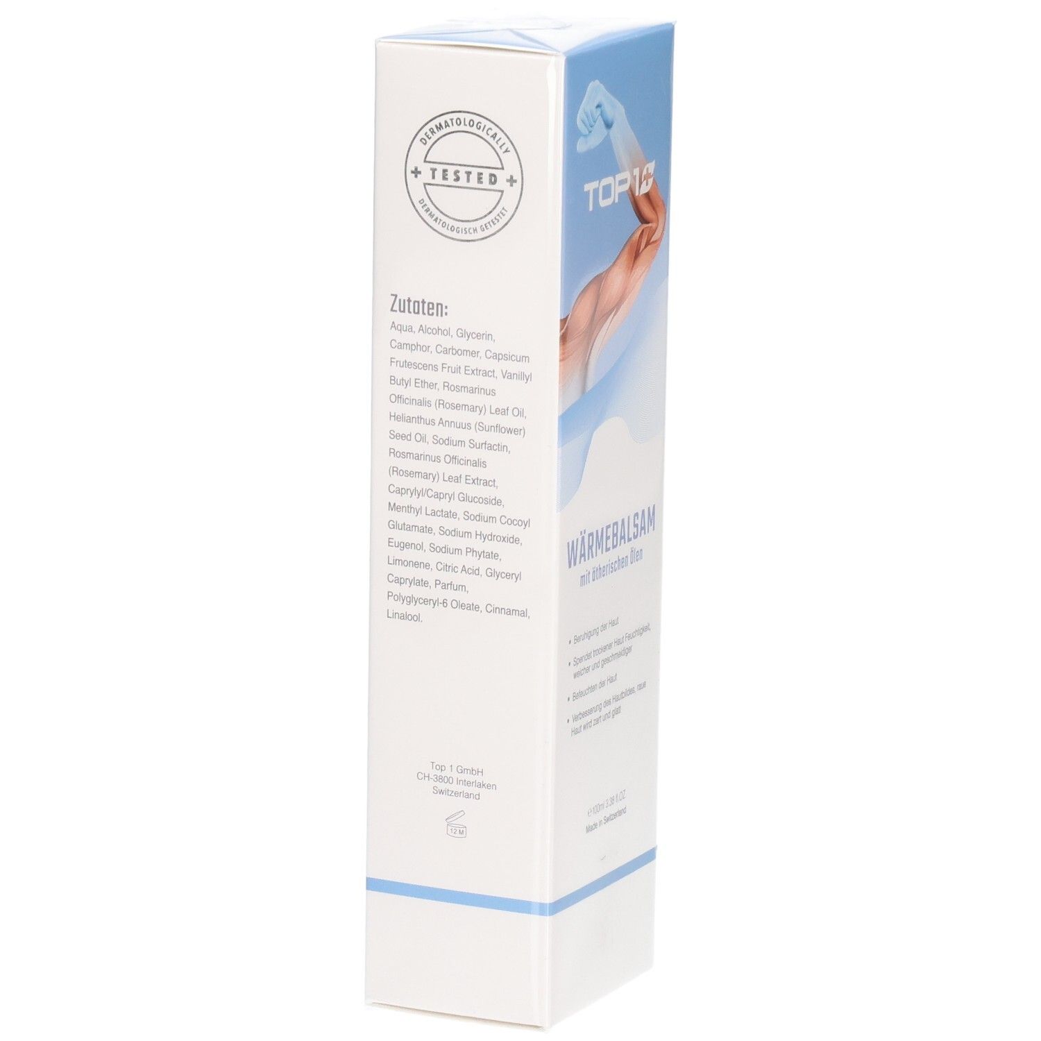 Weiße Verpackung mit Zutatenliste und Zertifizierung. Schriftzug TOP 1. Dermatologisch getestet.