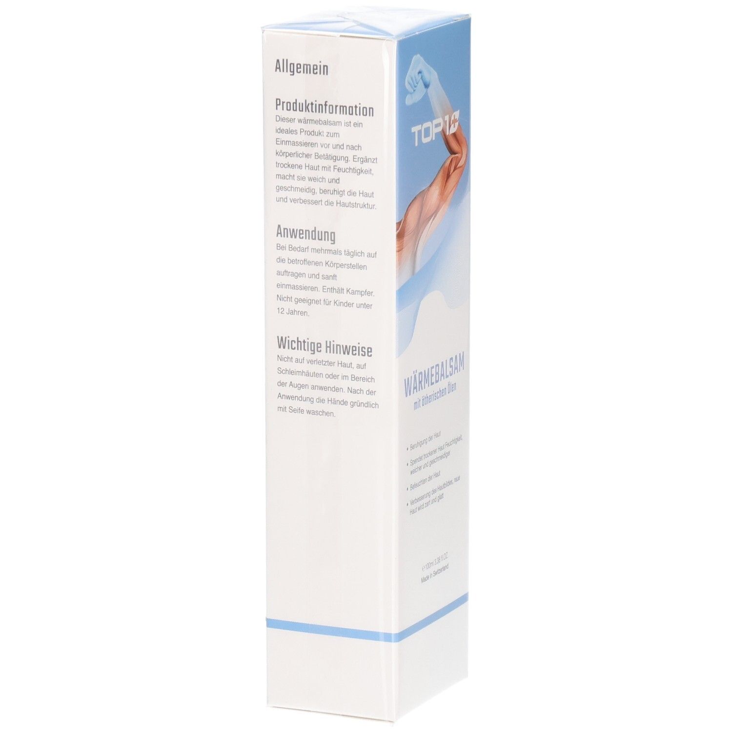 Weiße Verpackung mit Produktinformationen und Anwendungshinweisen. Schriftzug TOP 1 und WÄRMEBALSAM.