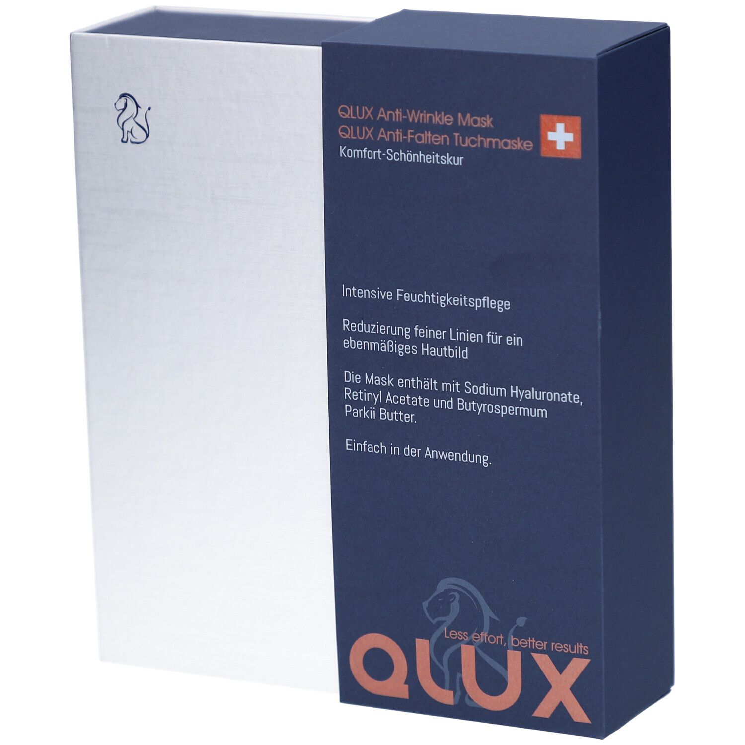 Boîte QLUX Mask, blanc et bleu. Texte: QLUX Anti-Wrinkle Mask, croix suisse, logo. Contient des informations sur l'utilisation et les ingrédients.