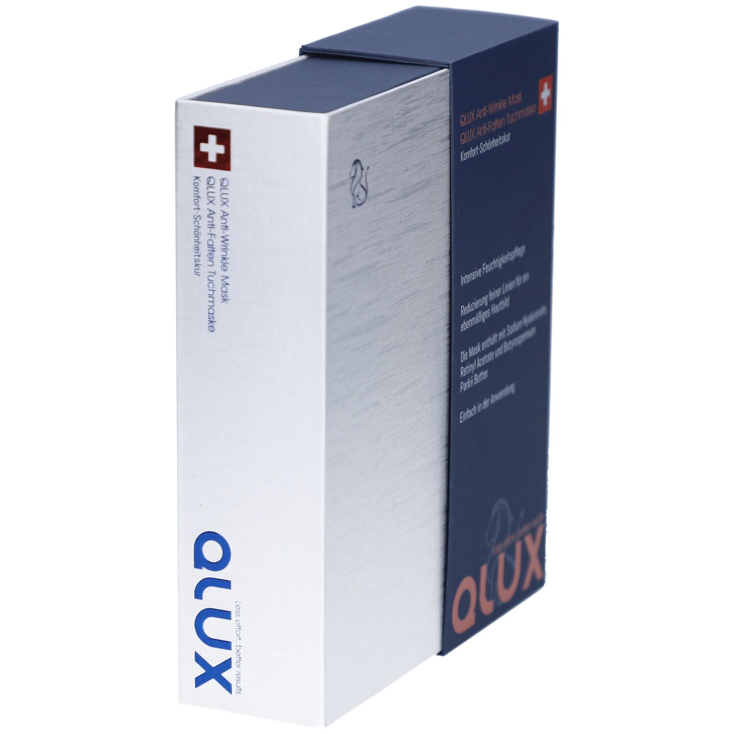 Boîte QLUX Mask, blanc et bleu. Texte: QLUX Anti-Wrinkle Mask, croix suisse, logo. Contient des informations sur l'utilisation et les ingrédients.