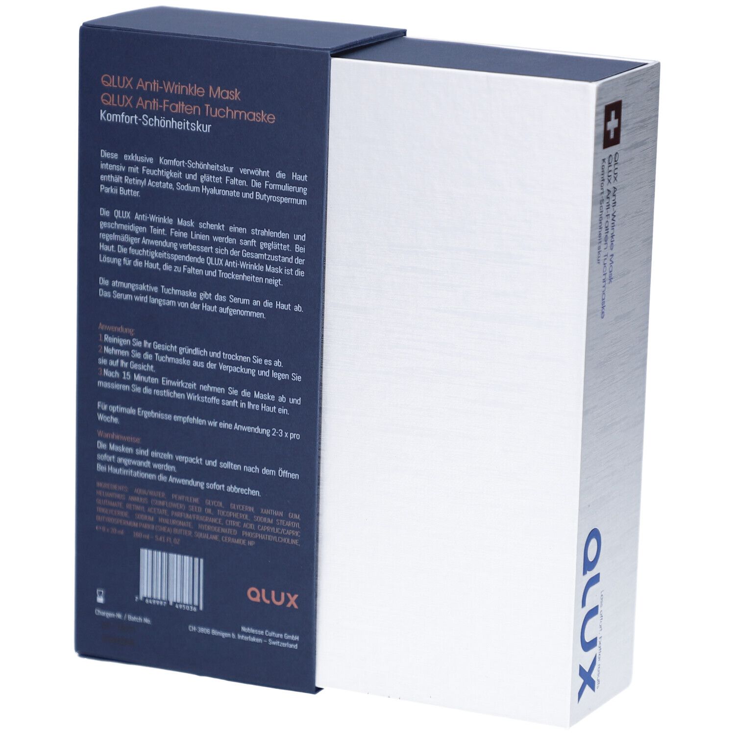 Boîte QLUX Mask, blanc et bleu. Texte: QLUX Anti-Wrinkle Mask, croix suisse, logo. Contient des informations sur l'utilisation et les ingrédients.