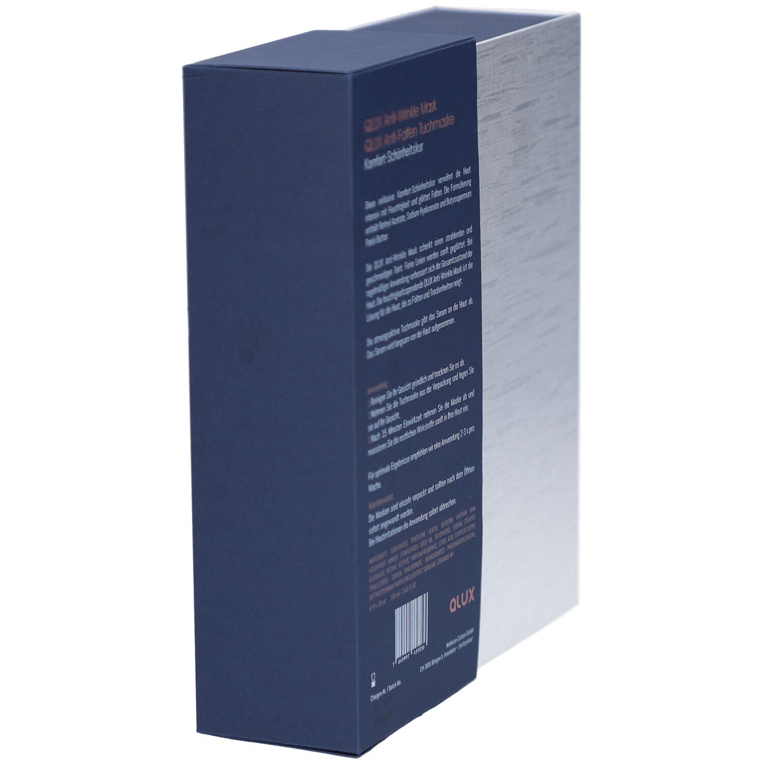 Boîte QLUX Mask, blanc et bleu. Texte: QLUX Anti-Wrinkle Mask, croix suisse, logo. Contient des informations sur l'utilisation et les ingrédients.