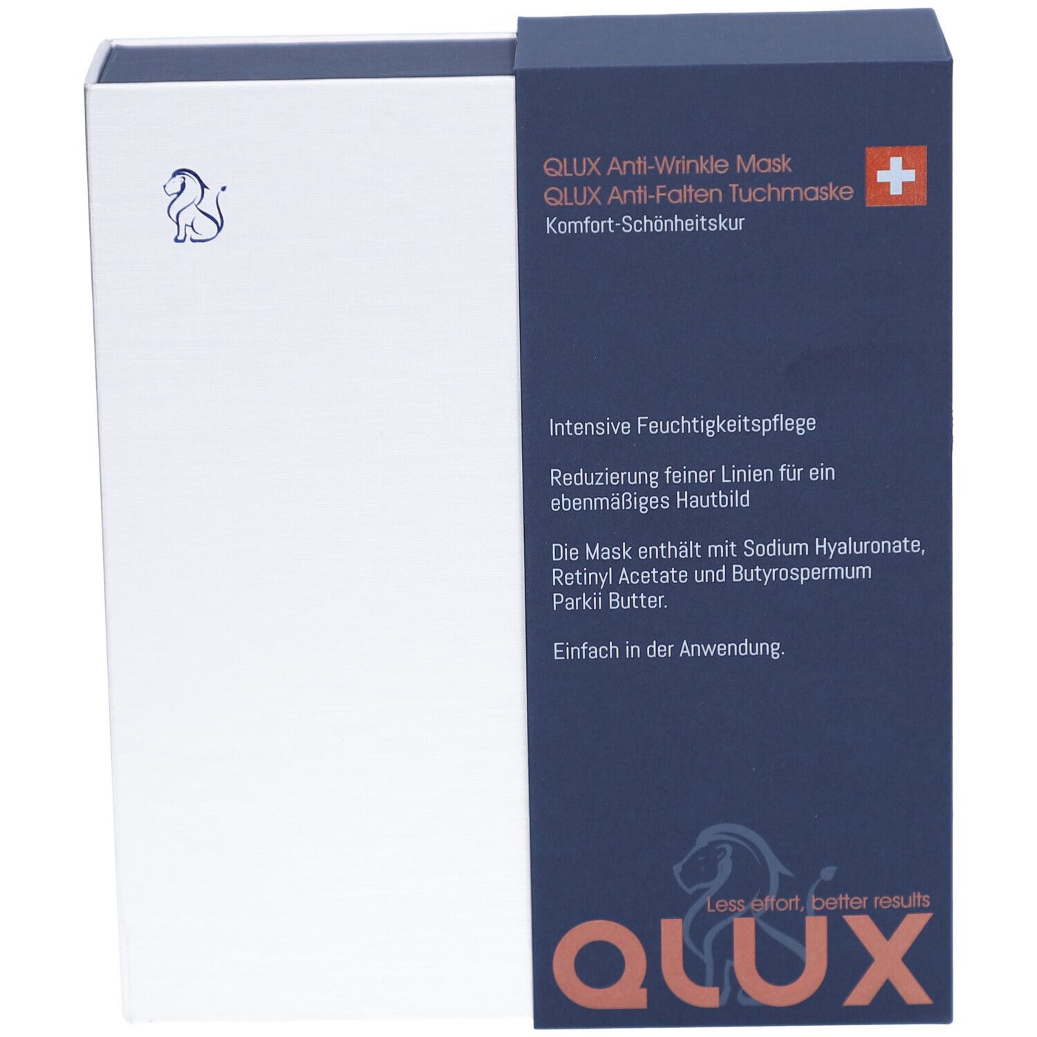 Boîte QLUX Mask, blanc et bleu. Texte: QLUX Anti-Wrinkle Mask, croix suisse, logo. Contient des informations sur l'utilisation et les ingrédients.