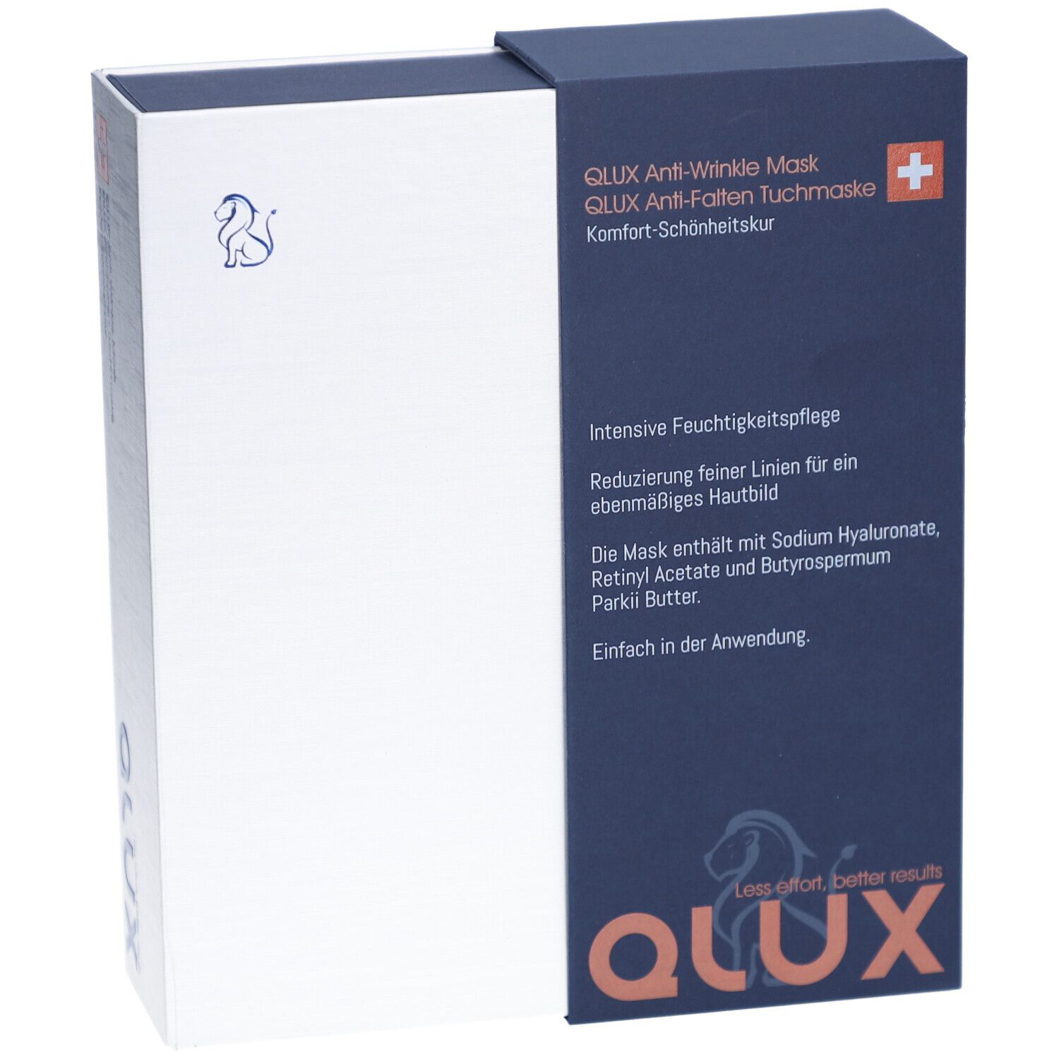 Boîte QLUX Mask, blanc et bleu. Texte: QLUX Anti-Wrinkle Mask, croix suisse, logo. Contient des informations sur l'utilisation et les ingrédients.
