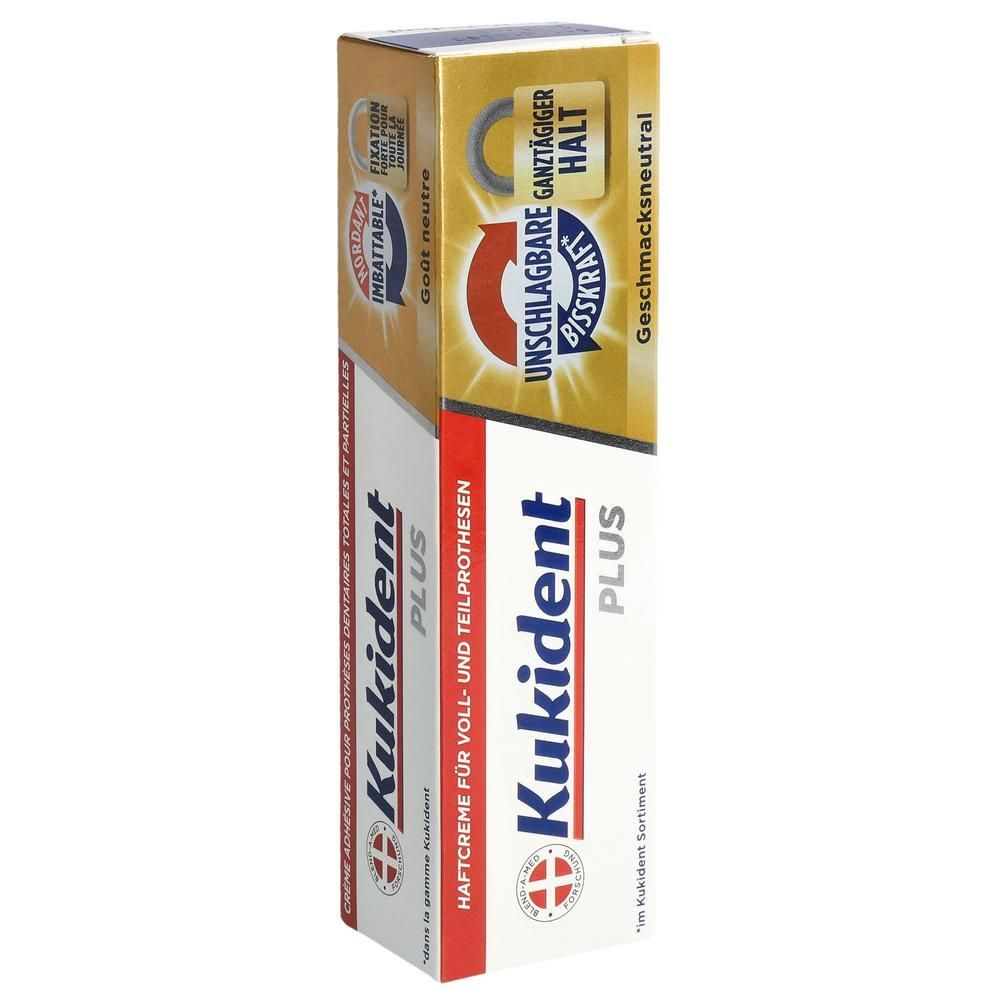 Zahnprothesen-Haftcreme in Tube und Karton. Karton mit Produktnamen und Logo. Tube mit Produktnamen und Logo.