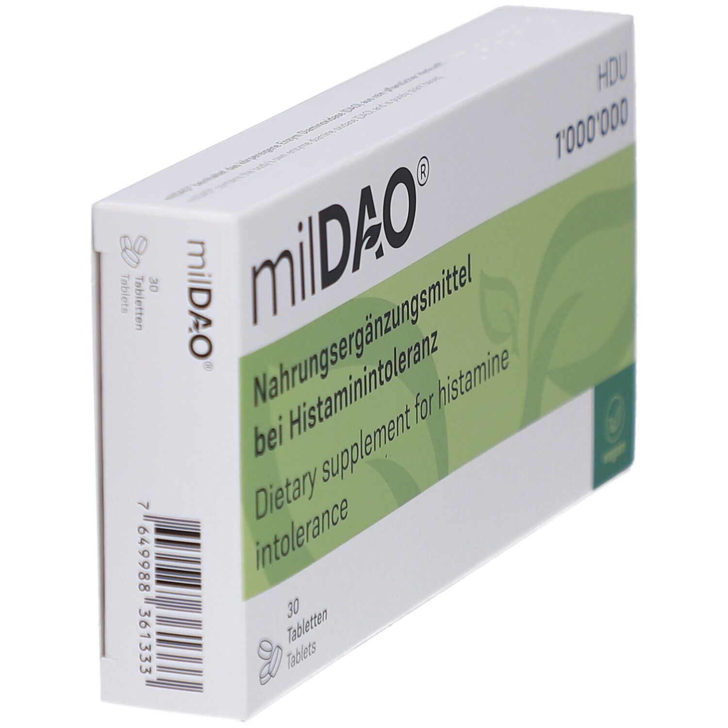 Boîte blanche, logo milDAO, texte: Complément alimentaire pour l'intolérance à l'histamine. 30 comprimés. Accents verts. Label vegan.