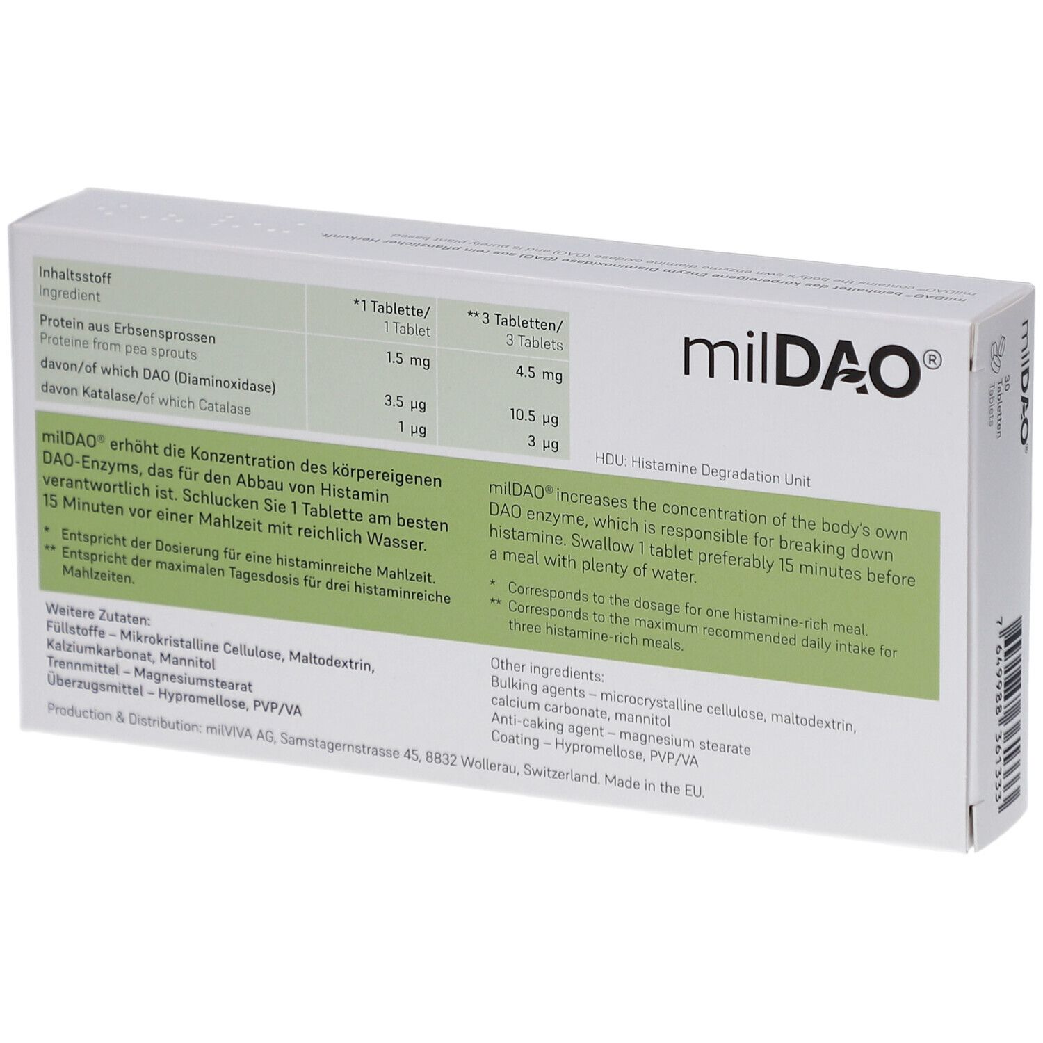 Dos de la boîte milDAO. Texte: Ingrédients, dosage, autres ingrédients. Informations en allemand et en anglais.