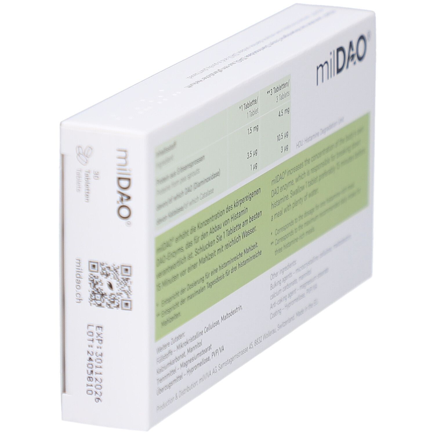 Vue latérale de la boîte milDAO. Texte: Ingrédients, dosage, autres ingrédients. Informations en allemand et en anglais.