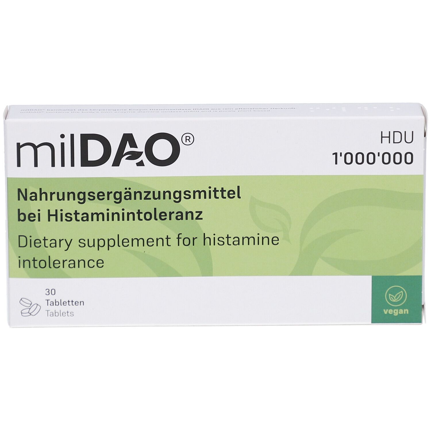 Boîte blanche avec logo milDAO, texte: Complément alimentaire pour l'intolérance à l'histamine. 30 comprimés. Label vegan.