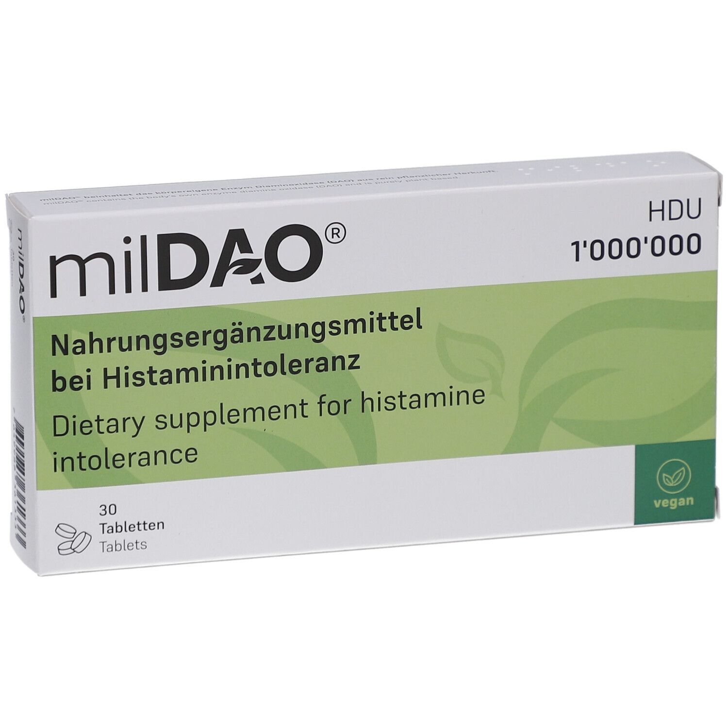 Boîte blanche avec logo milDAO, texte: Complément alimentaire pour l'intolérance à l'histamine. 30 comprimés. Label vegan.