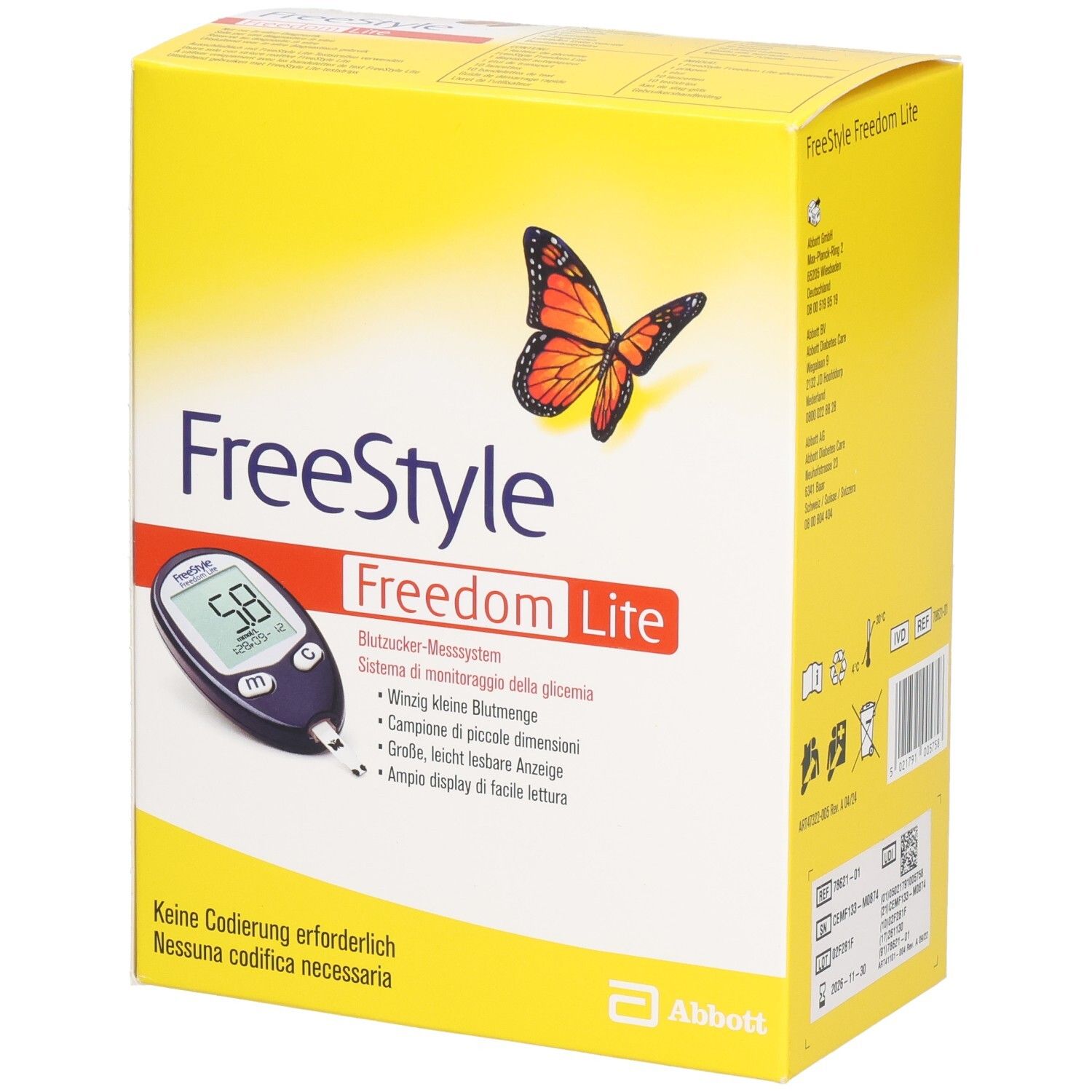 Boîte jaune "FreeStyle Freedom Lite" avec papillon. Appareil de mesure de la glycémie illustré. Logo Abbott en bas.