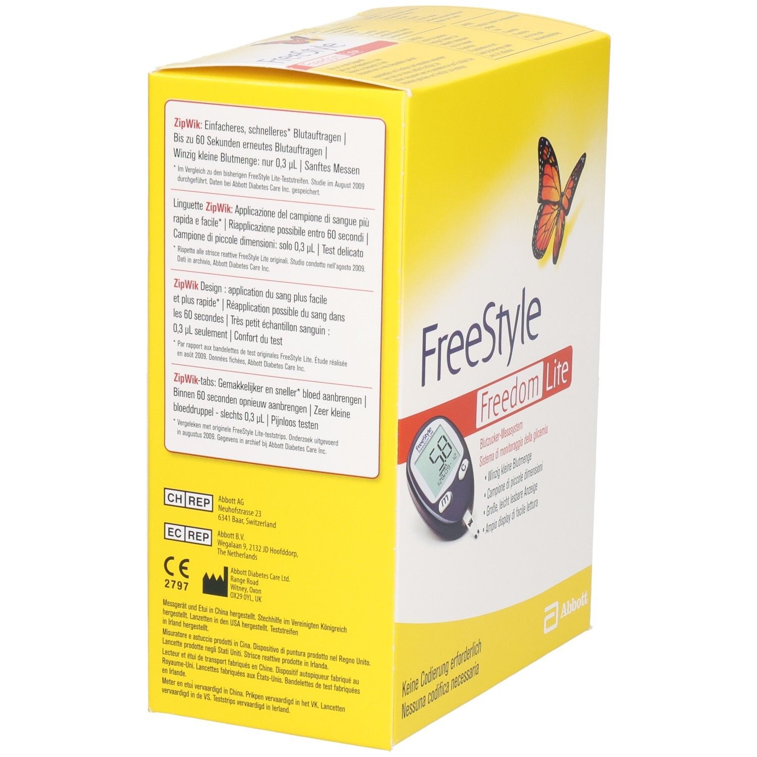 Dos de la boîte jaune "FreeStyle Freedom Lite". Texte multilingue. Marquage CE et autres symboles.