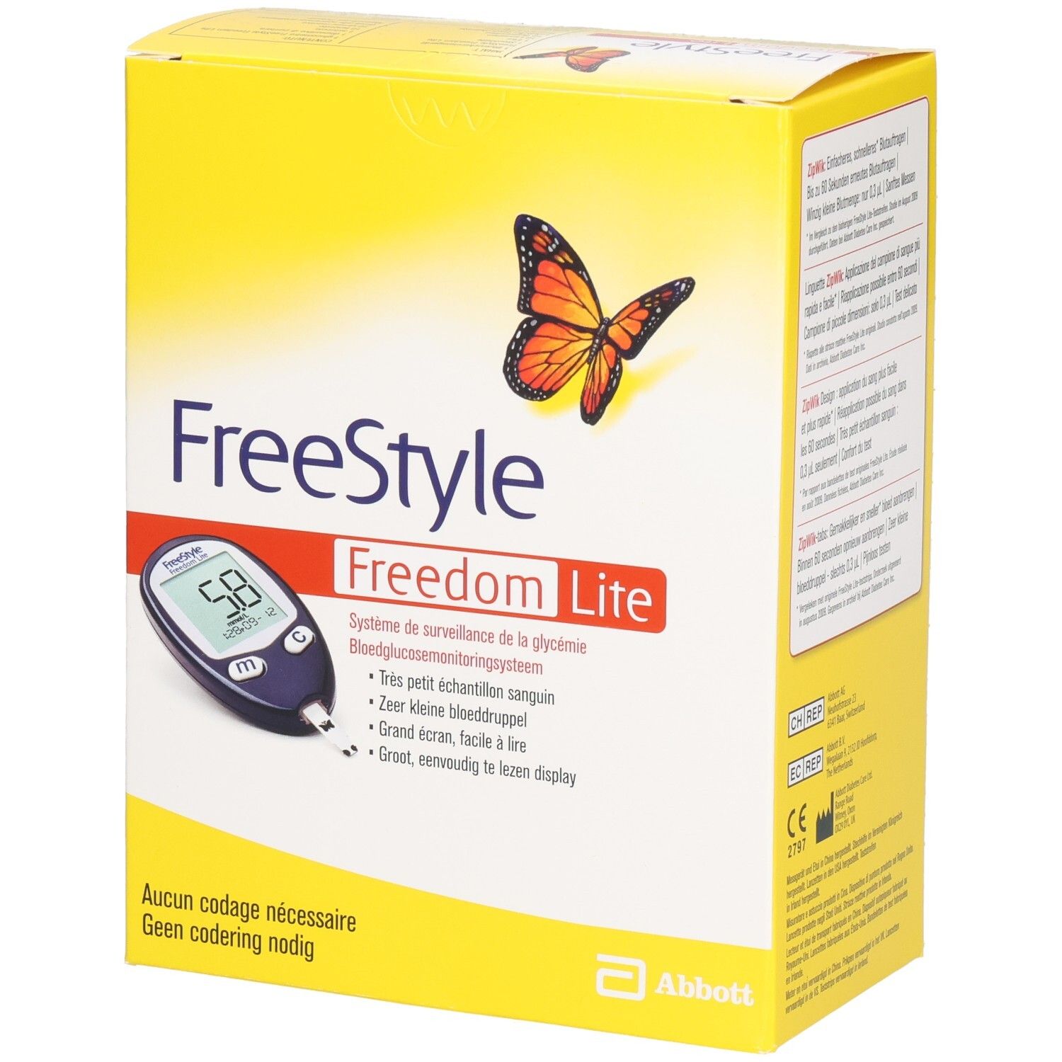 Boîte jaune "FreeStyle Freedom Lite" avec papillon et lecteur de glycémie. Texte multilingue. Marquage CE.