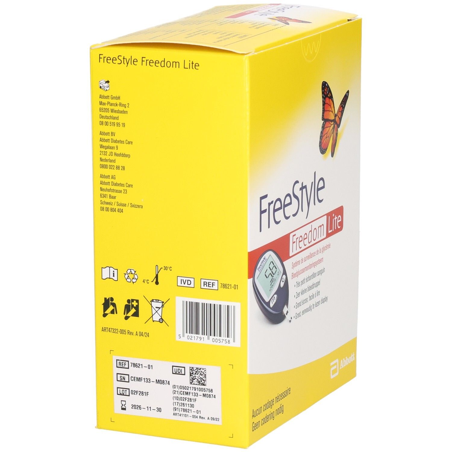 Dos de la boîte jaune "FreeStyle Freedom Lite". Texte, symboles et code-barres. Marquages IVD et REF.