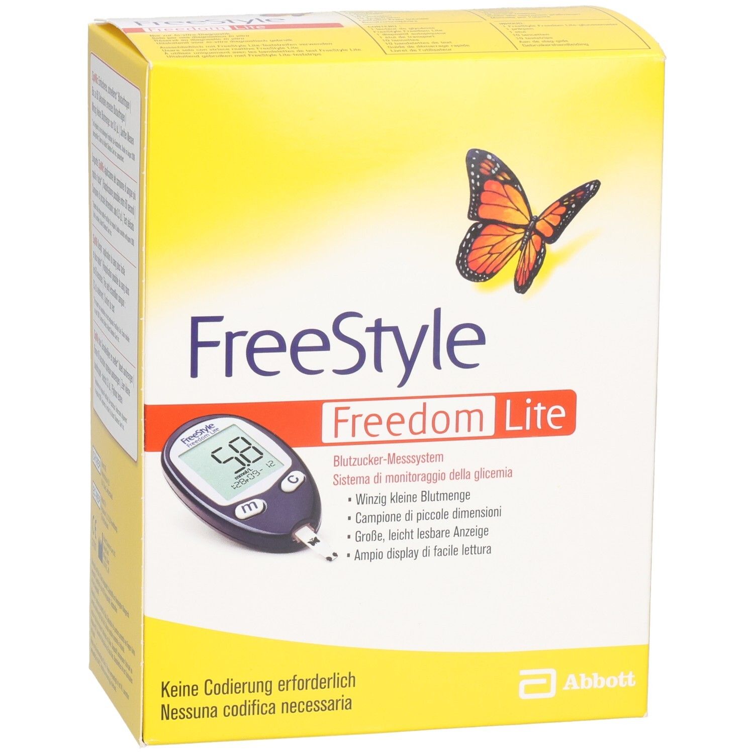 Boîte jaune "FreeStyle Freedom Lite" avec papillon et lecteur de glycémie. Texte multilingue. Logo Abbott.