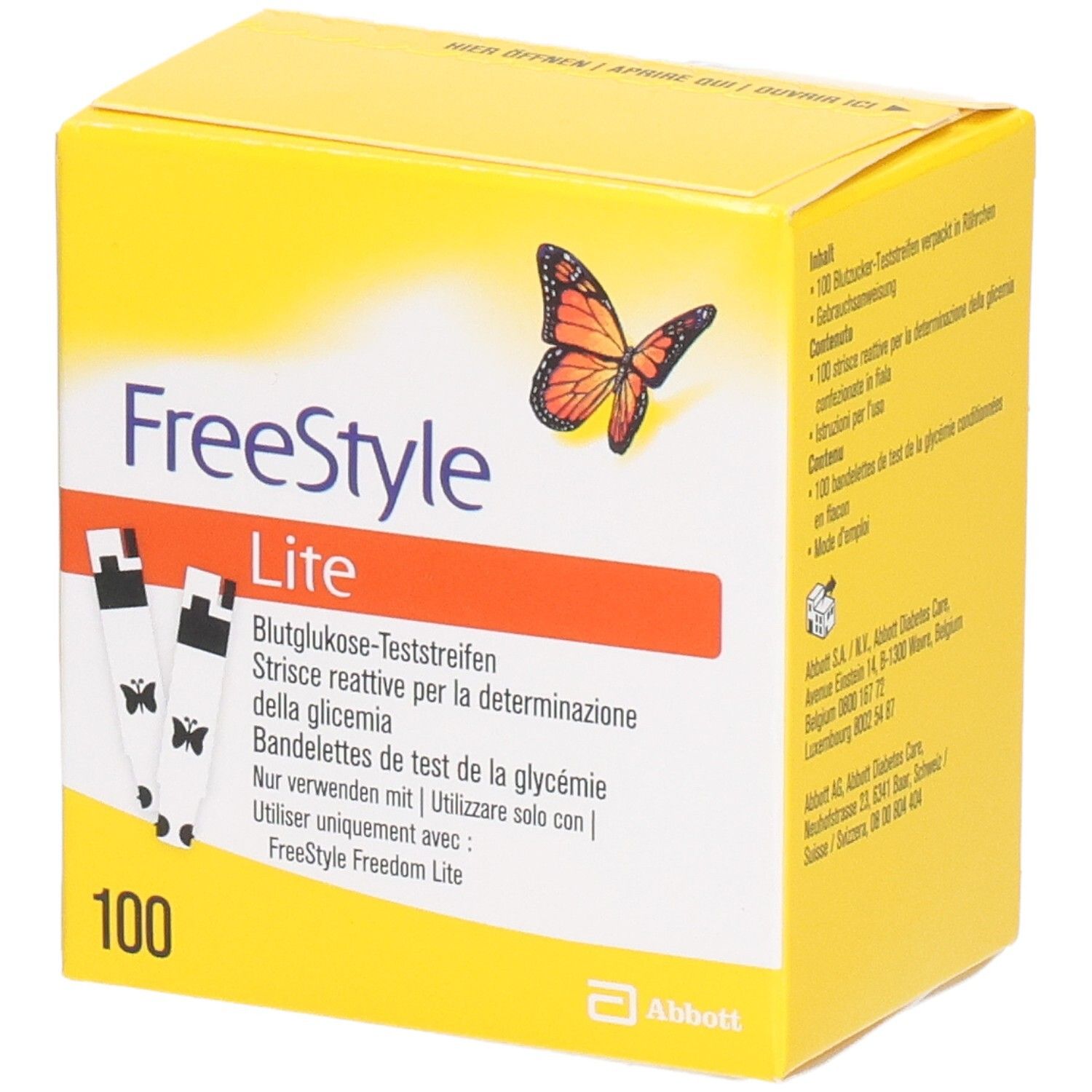 Boîte jaune "FreeStyle Lite" avec 100 bandelettes. Papillon orange. Texte en plusieurs langues.