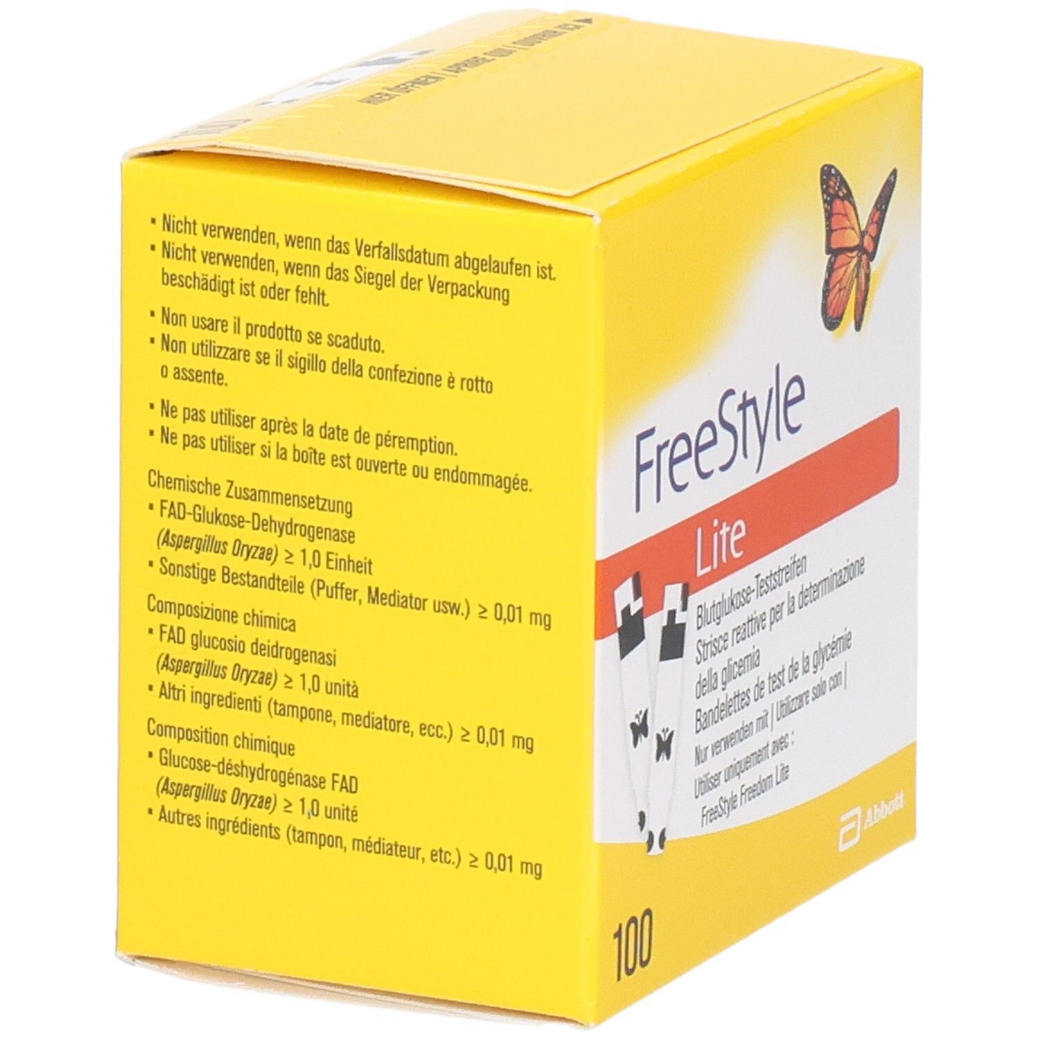Boîte jaune "FreeStyle Lite". Texte multilingue. 100 bandelettes. Avertissements.