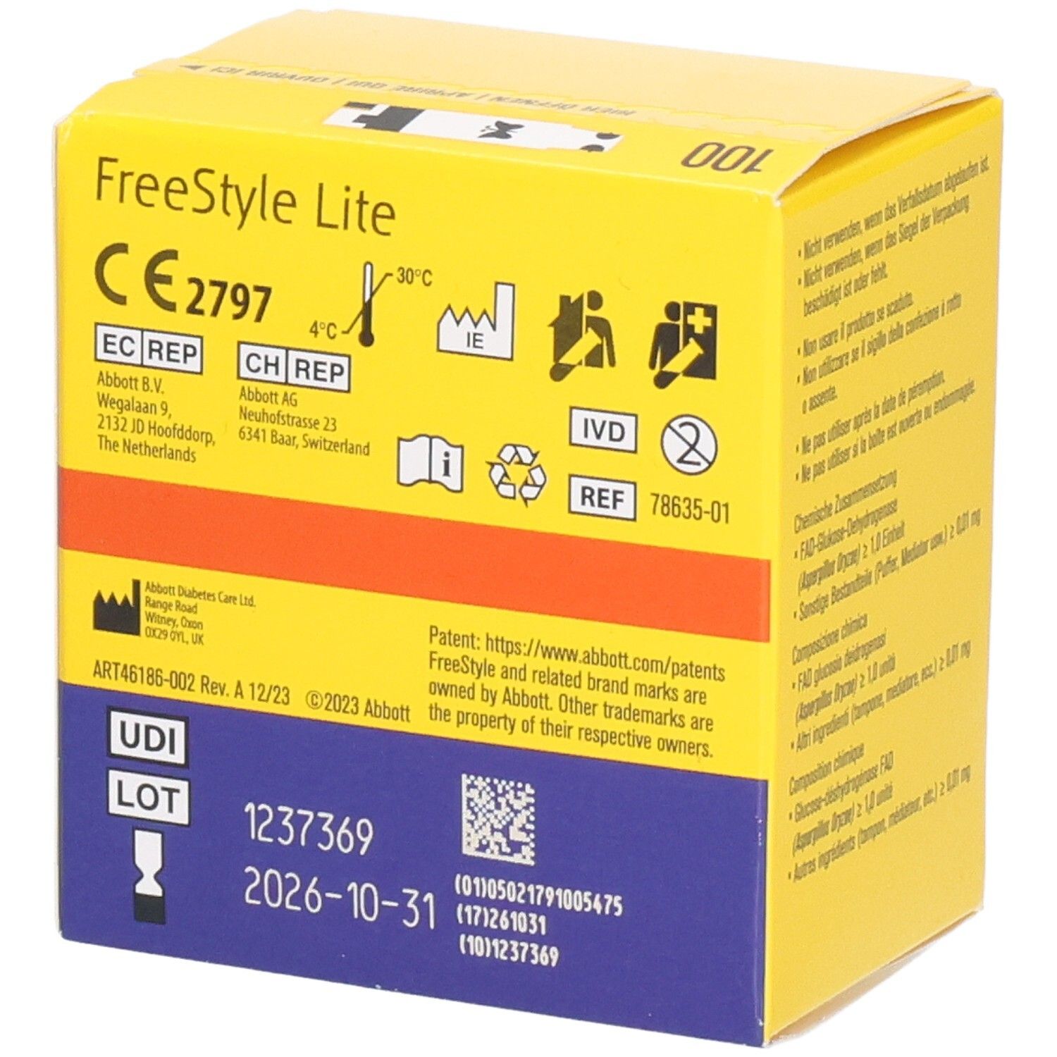 Boîte jaune "FreeStyle Lite". Informations au dos, marquage CE, code UDI et date de péremption.