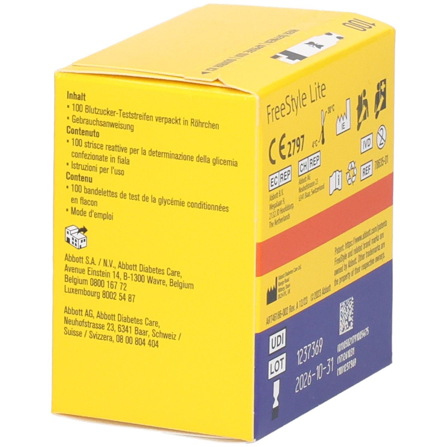 Boîte jaune "FreeStyle Lite". Vue latérale avec informations, marquage CE et code UDI.