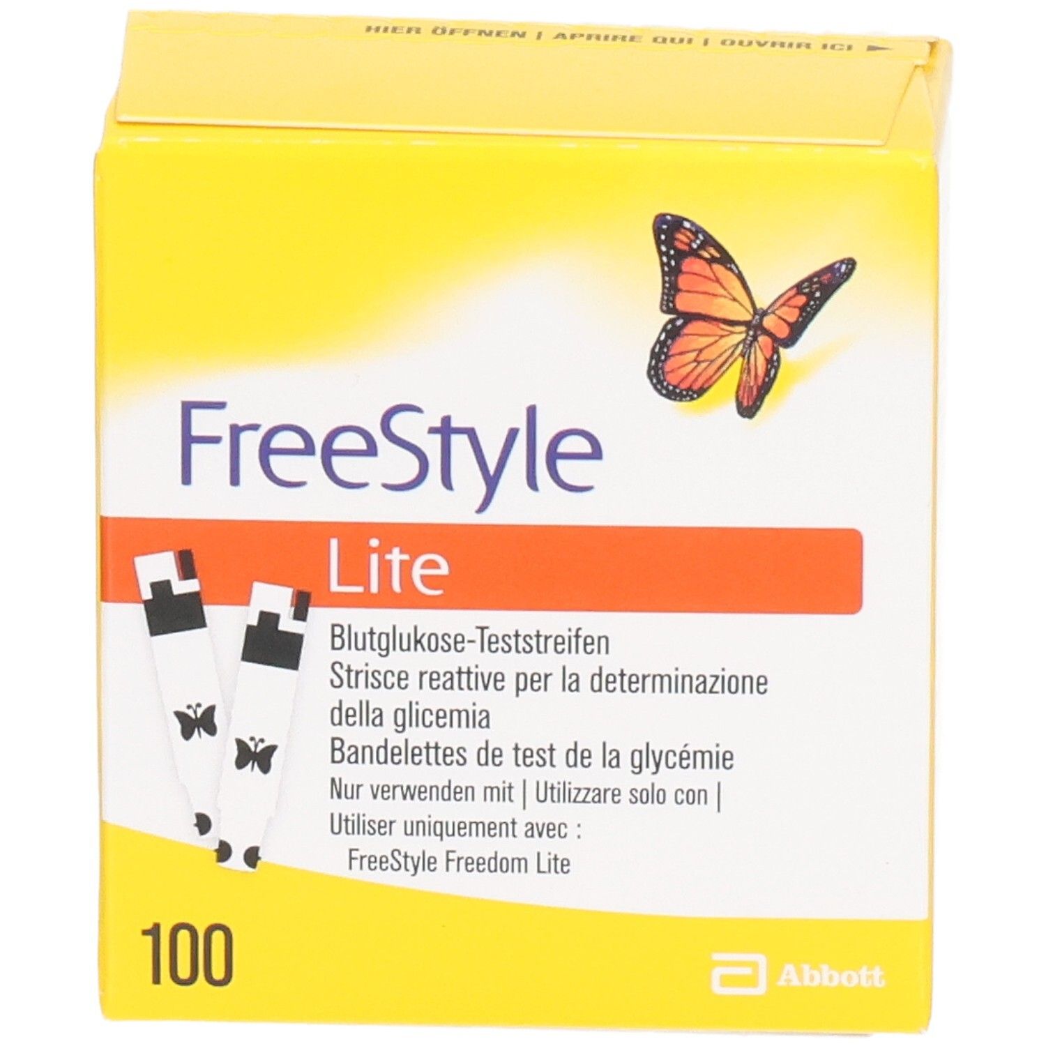 Boîte jaune "FreeStyle Lite" avec 100 bandelettes. Papillon et bandelettes représentés.