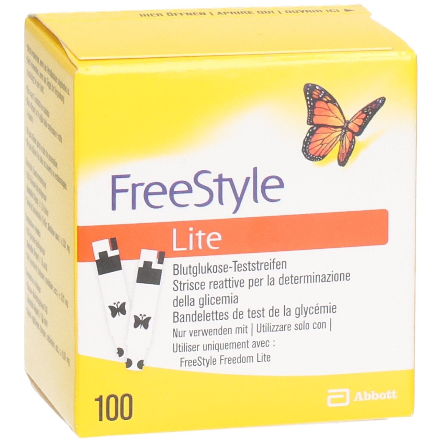 Boîte jaune "FreeStyle Lite" avec 100 bandelettes. Papillon et bandelettes représentés.