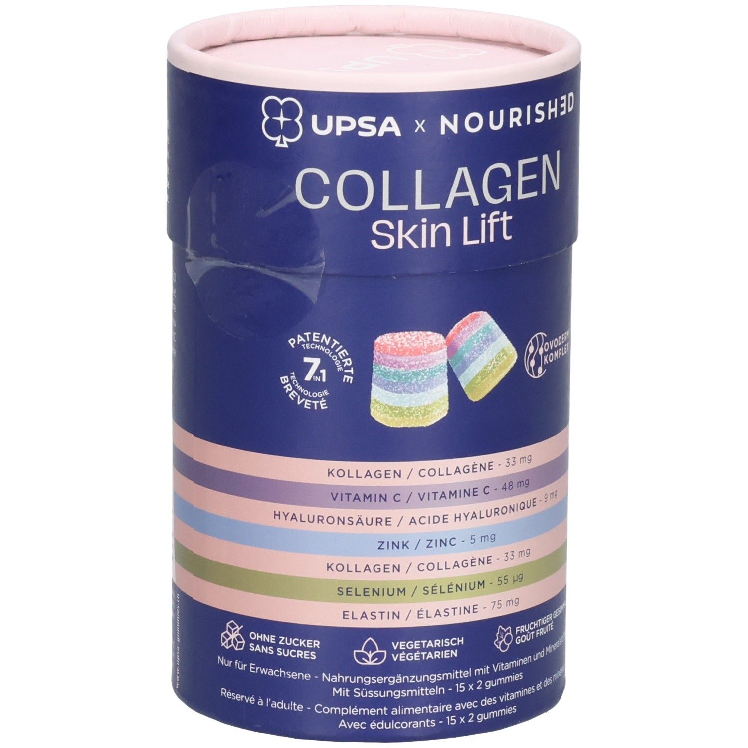 Runde Dose mit "UPSA x Nourished Collagen Skin Lift" Aufdruck. Enthält bunte Gummibonbons.