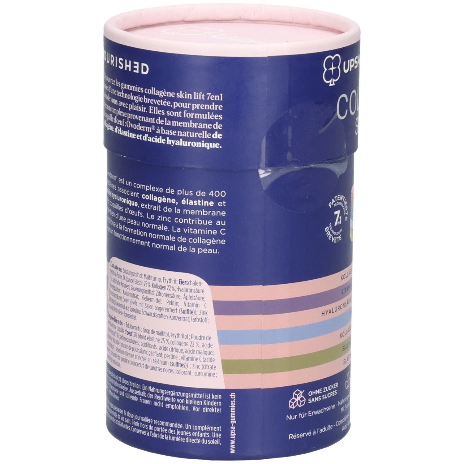 Rückseite einer runden Dose mit Produktinformationen und Inhaltsstoffen für "Collagen Skin Lift".