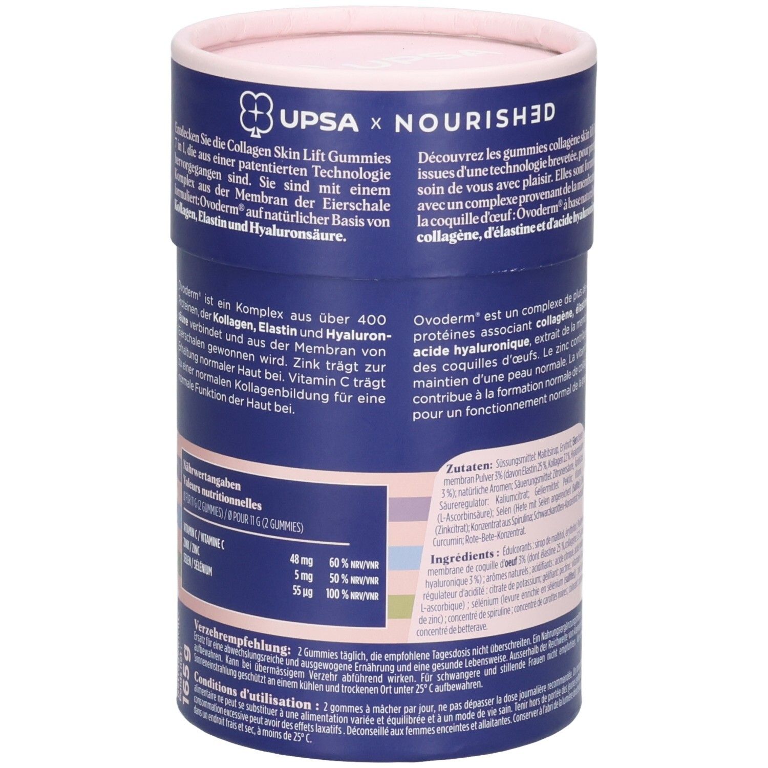 Seitenansicht einer runden Dose mit detaillierten Produktinformationen und Inhaltsstoffen.