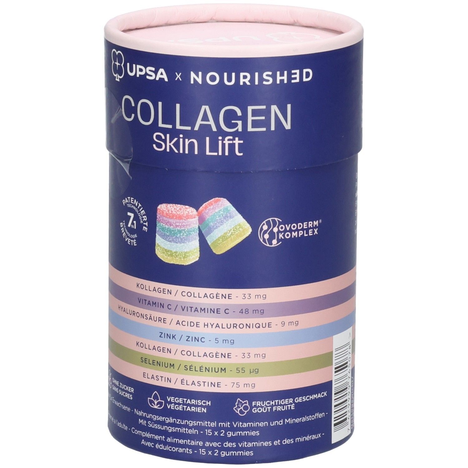 Runde Dose mit "UPSA x Nourished Collagen Skin Lift" Aufdruck. Enthält bunte Gummibonbons.